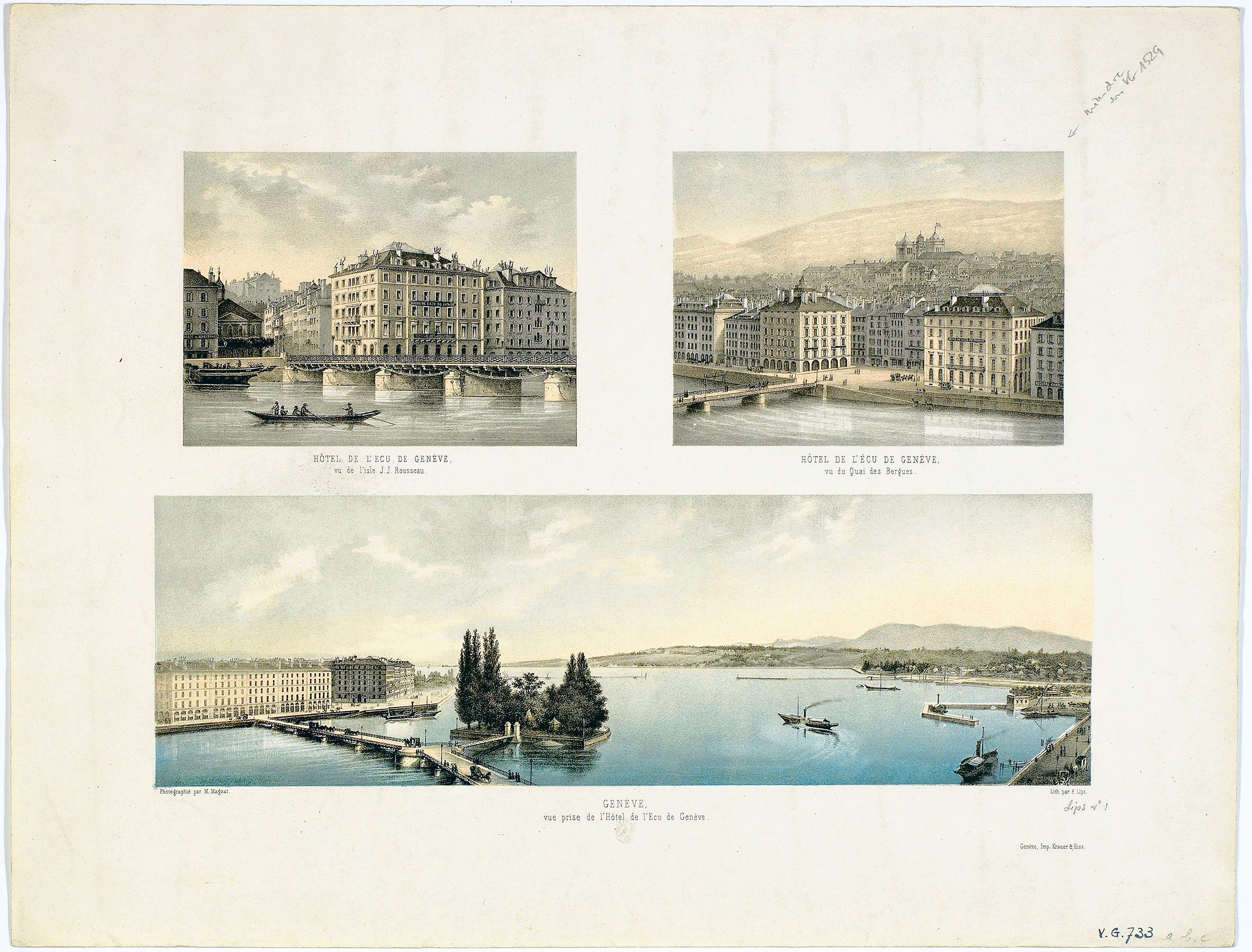 Genève, le pont des Bergues et les quais, lithographie, trichromie sur papier (ca. 10 x 32 cm), daté entre 1858 et 1862 (BGE)