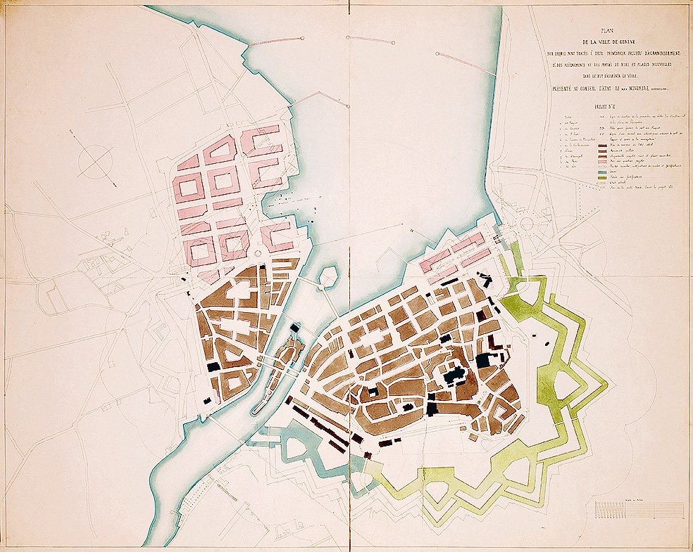 Fig. 1 : « Plan de la Ville de Genève, projet n°2 », par Samuel Darier, novembre 1848 (BGE-CIG, photo Olivier Zimmermann)