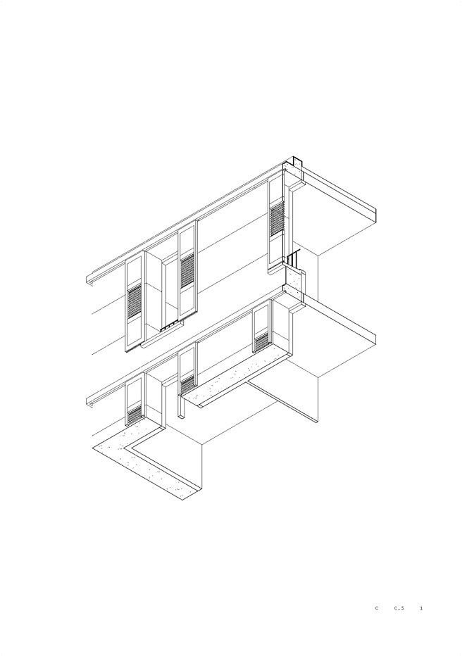 Perraudin architecture. Complesso residenziale a Cornebarrieu (F) 2007-2011. Spaccato assonometrico.