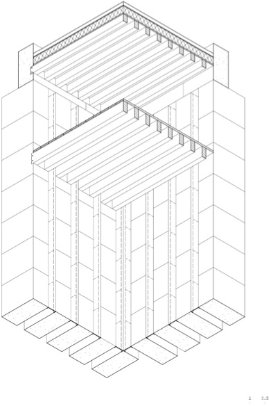 Perraudin architecture. Cantina, laboratorio e magazzino. Solan (F) 2003-2007. Spaccato assonometrico.