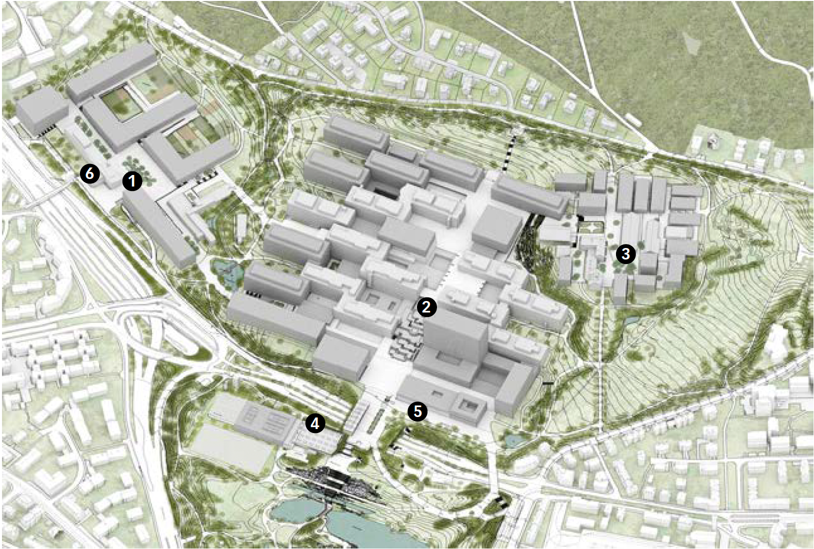 Campus Irchel, Richtprojekt 2016 von EM2N: Bebauung und Gebäudevolumetrie) (Bestand = hellgrau; Neu- und Ersatzneubauten = dunkelgrau). 1 Irchel-Nord, 2 Irchel-Mitte, 3 Irchel-Süd, 4 Winterthurerstrasse, 5 Staatsarchiv, 6 Kantonales Tierspital (Werner Stücheli, 1960–1963).