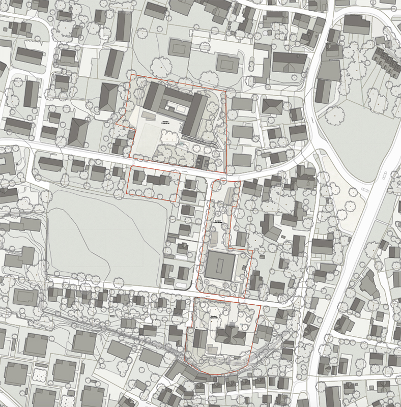 Das zur Weiterbearbeitung empfohlene Projekt «Pünktchen und Anton» schlägt im mittleren Bereich des Peri­meters einen rechteckigen, dreiteiligen  Neubau vor. Von der bestehenden Schul­anlage Bogenacker führt ein Weg zum neuen Schulhaus und weiter über die Schul­strasse bis zum neuen Kindergarten neben dem Schulhaus Tannenbühl.