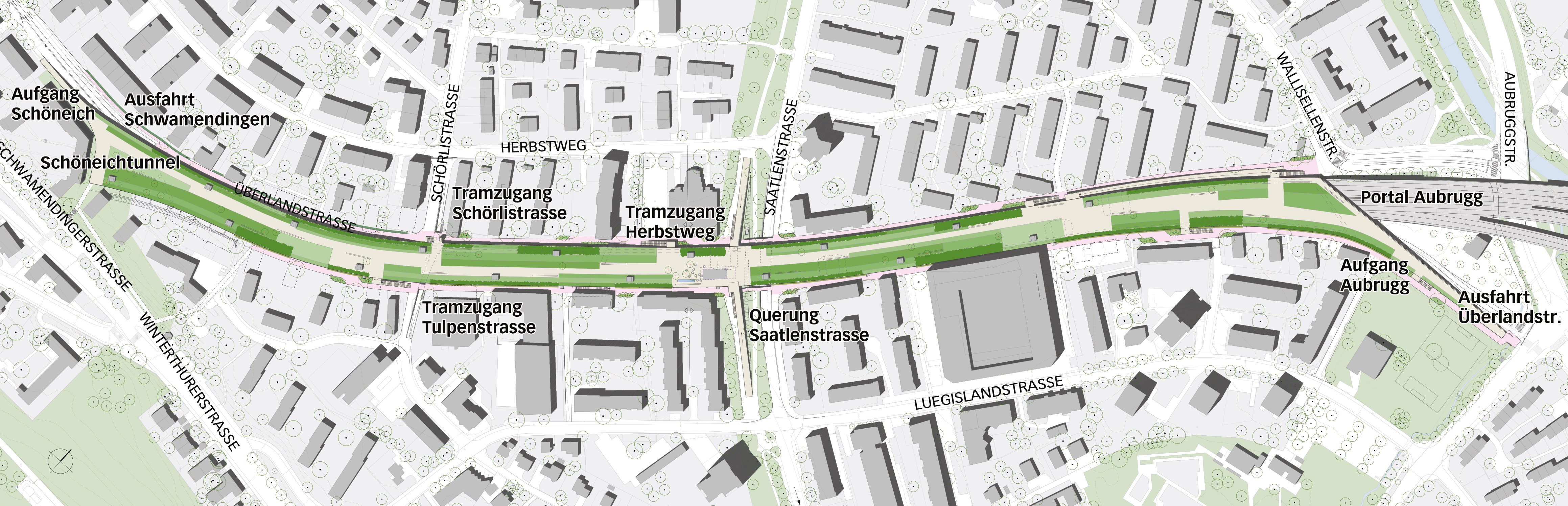 Das Neubauprojekt «Einhausung Schwamendingen» schliesst stadtauswärts direkt an den Schöneichtunnel an. Zudem wird die Rasterdecke Waldgarten geschlossen. Die Tunnelanlage wird lüftungs- und sicherheitstechnisch den neuen Gegebenheiten angepasst.