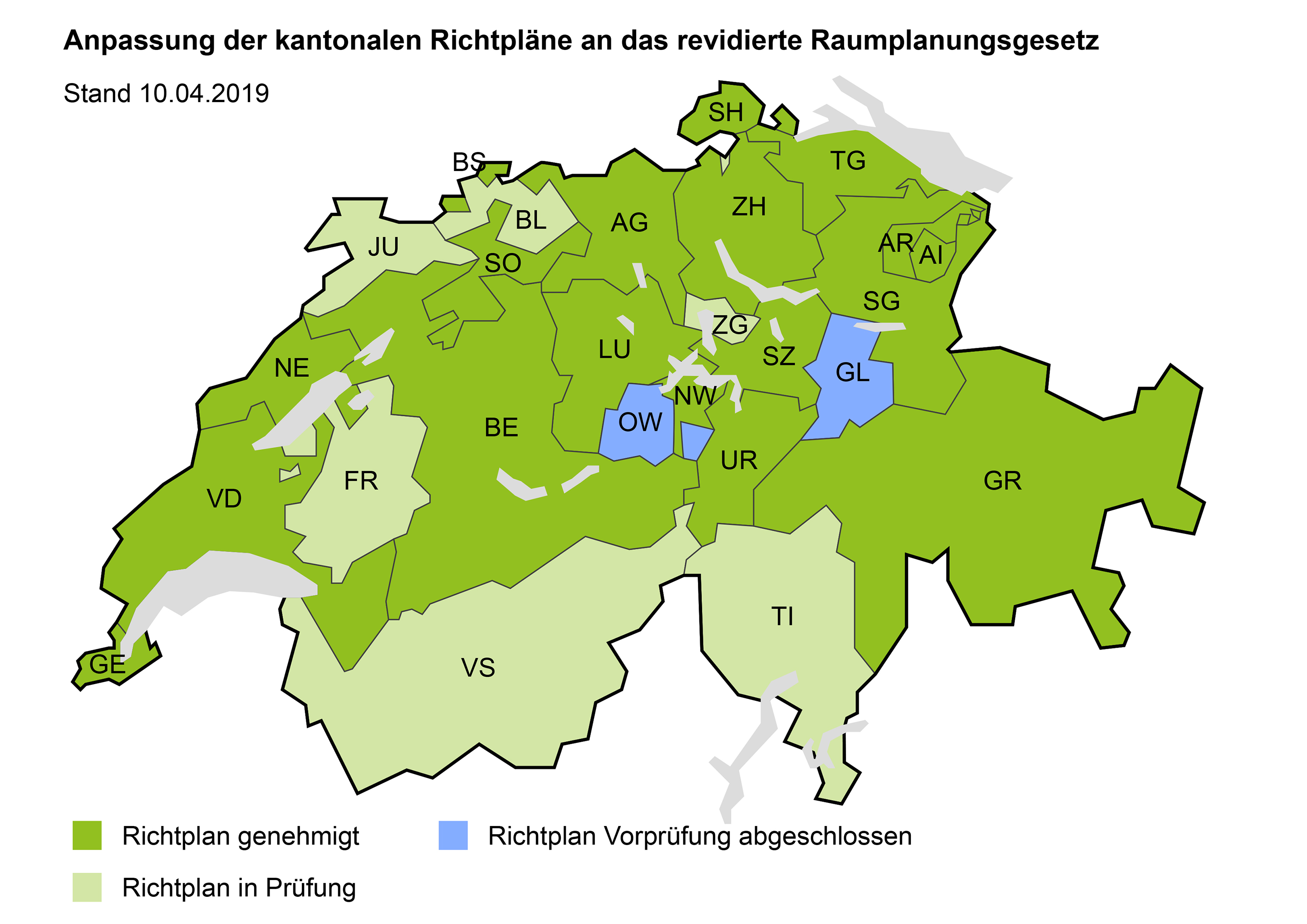 Karte mit dem Stand der kantonalen Richtpläne, deren Revision vom Bund geprüft worden ist.