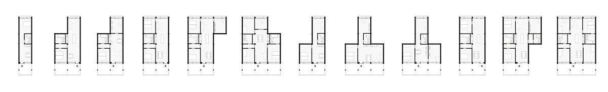 Das modulare Raster bietet Flexibilität bei der Wohnungsgestaltung. Unterschiedliche Typen wie Clusterhäuser, Maisonettehäuser oder Familienhäuser können zu einem vielfältigen Wohnungsmix zusammengestellt werden.