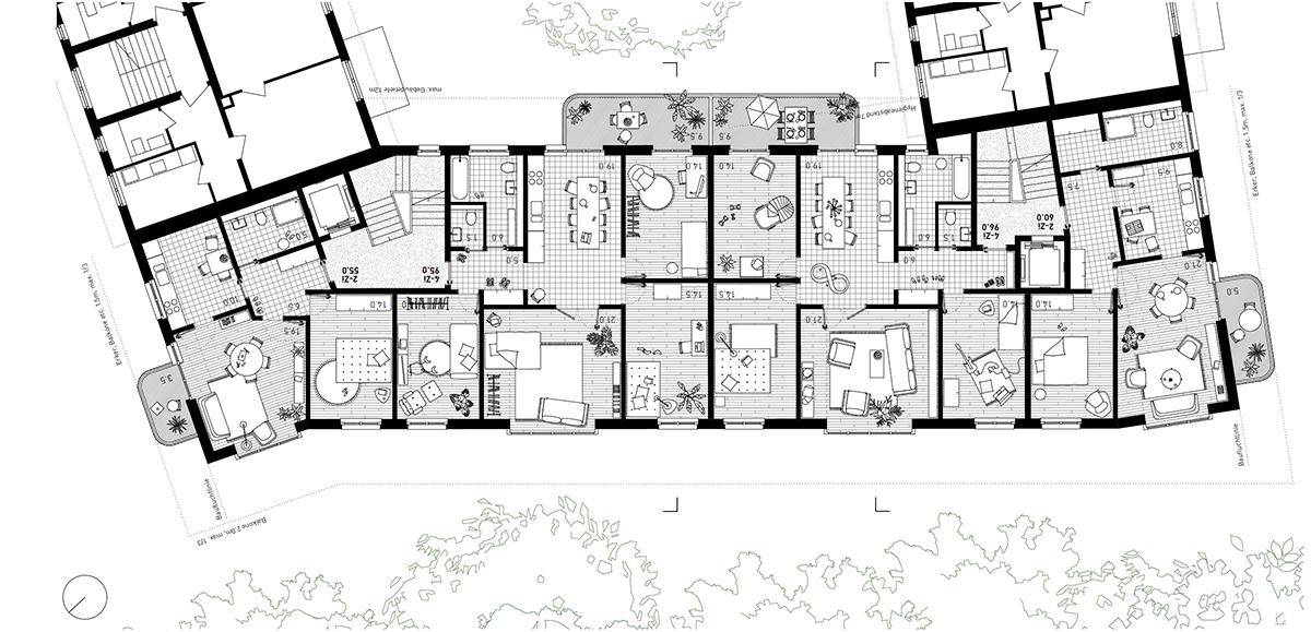 2. Rang: «Alfred», Edelaar Mosayebi Inderbitzin Architekten, Zürich, Grundriss Regelgeschoss.