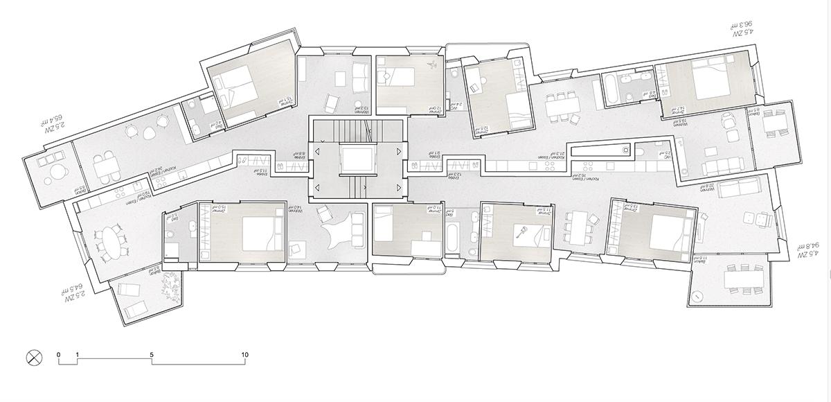 3. Rang: «Vier gewinnt», huggenbergerfries Architekten, Zürich, Grundriss Regelgeschoss.