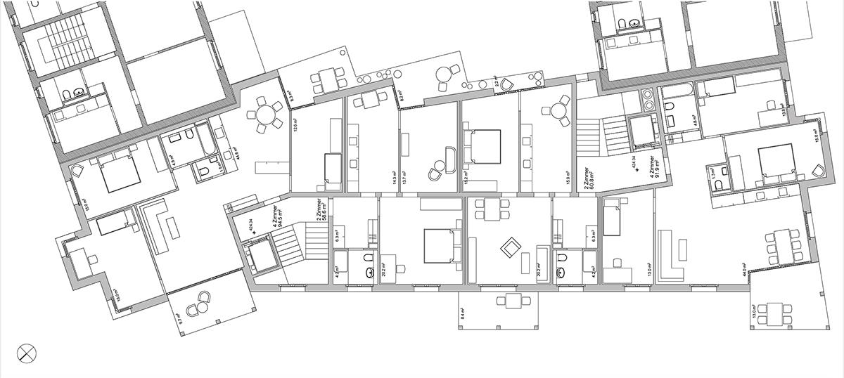 4. Rang: «El Zaguán», ARGE Wasescha Schläpfer, Zürich, Grundriss Regelgeschoss.