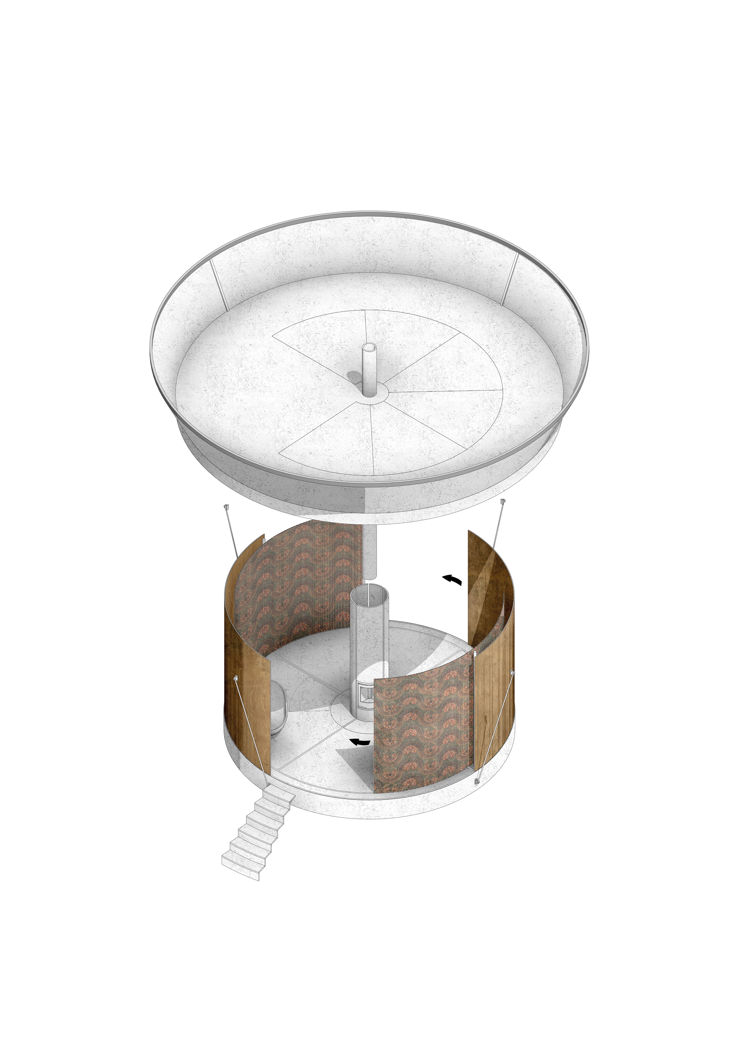 Schemazeichnung mit den verschiebbaren Fassadenelementen.