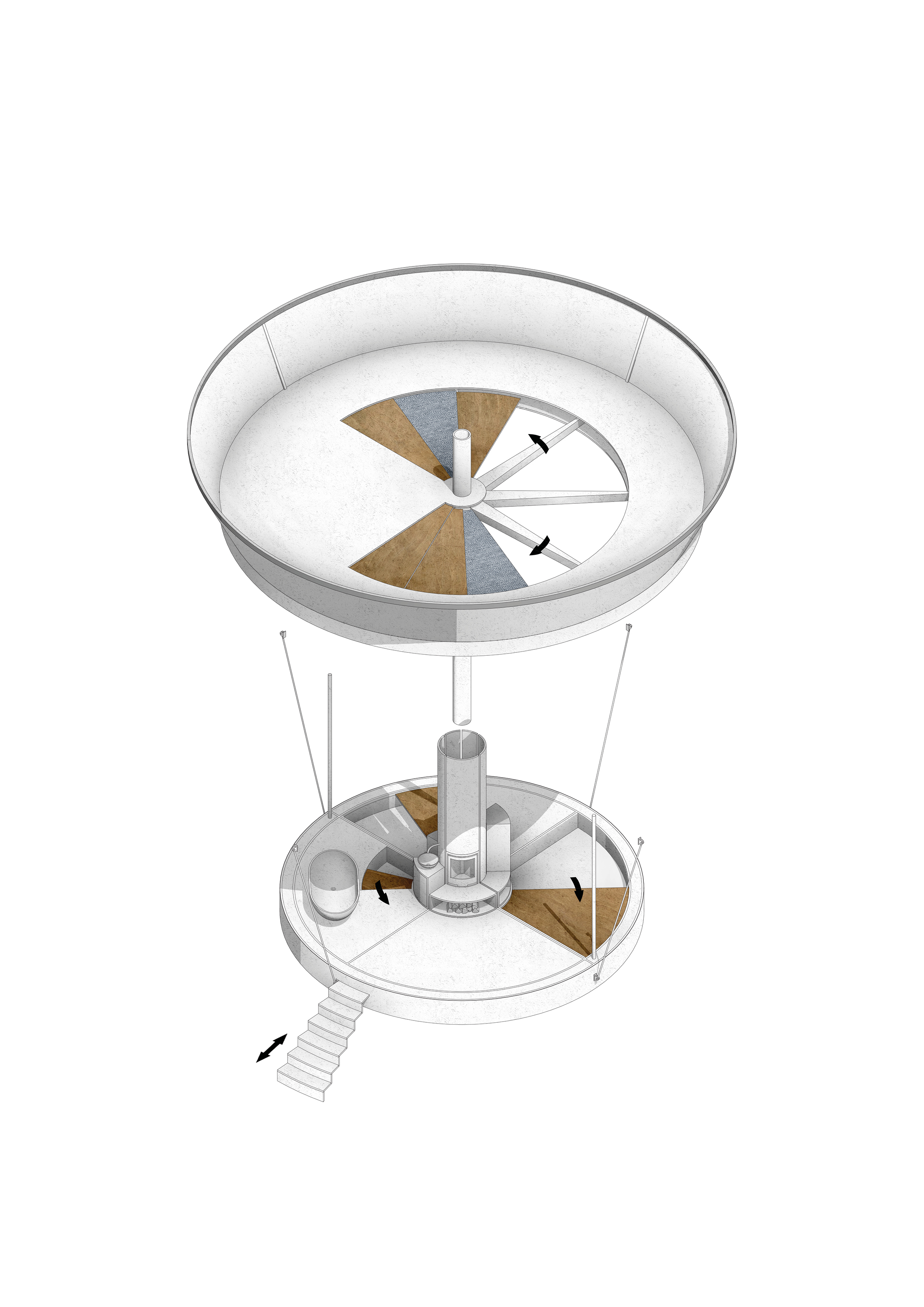 Skizze der Tragstruktur aus Stahl für die beiden Plattformen, die Mittelsäule und die Verspannungen.