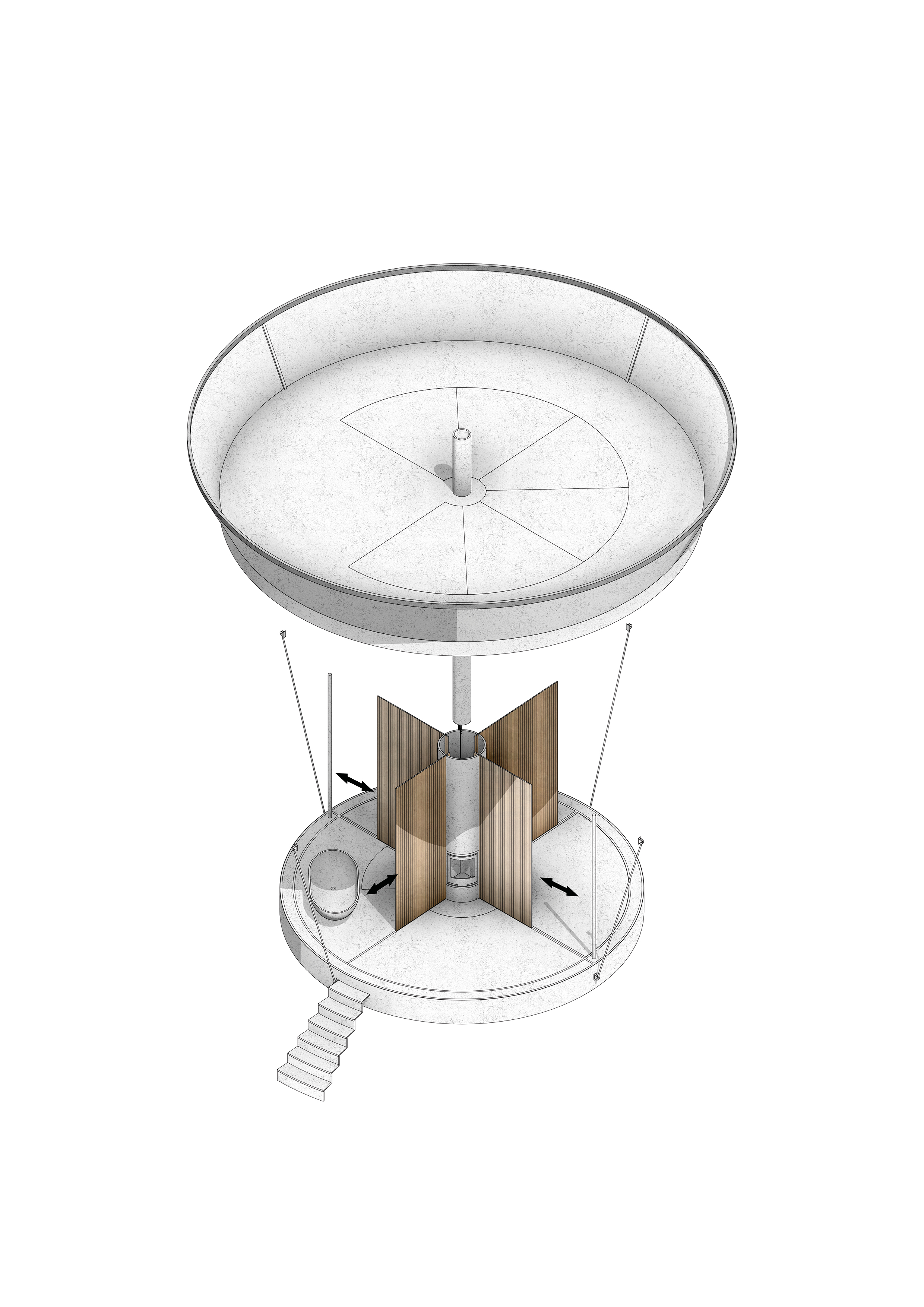 Schemazeichnung mit den ausziehbaren, innen aufgerollten Holzpaneelen als Raumteiler.