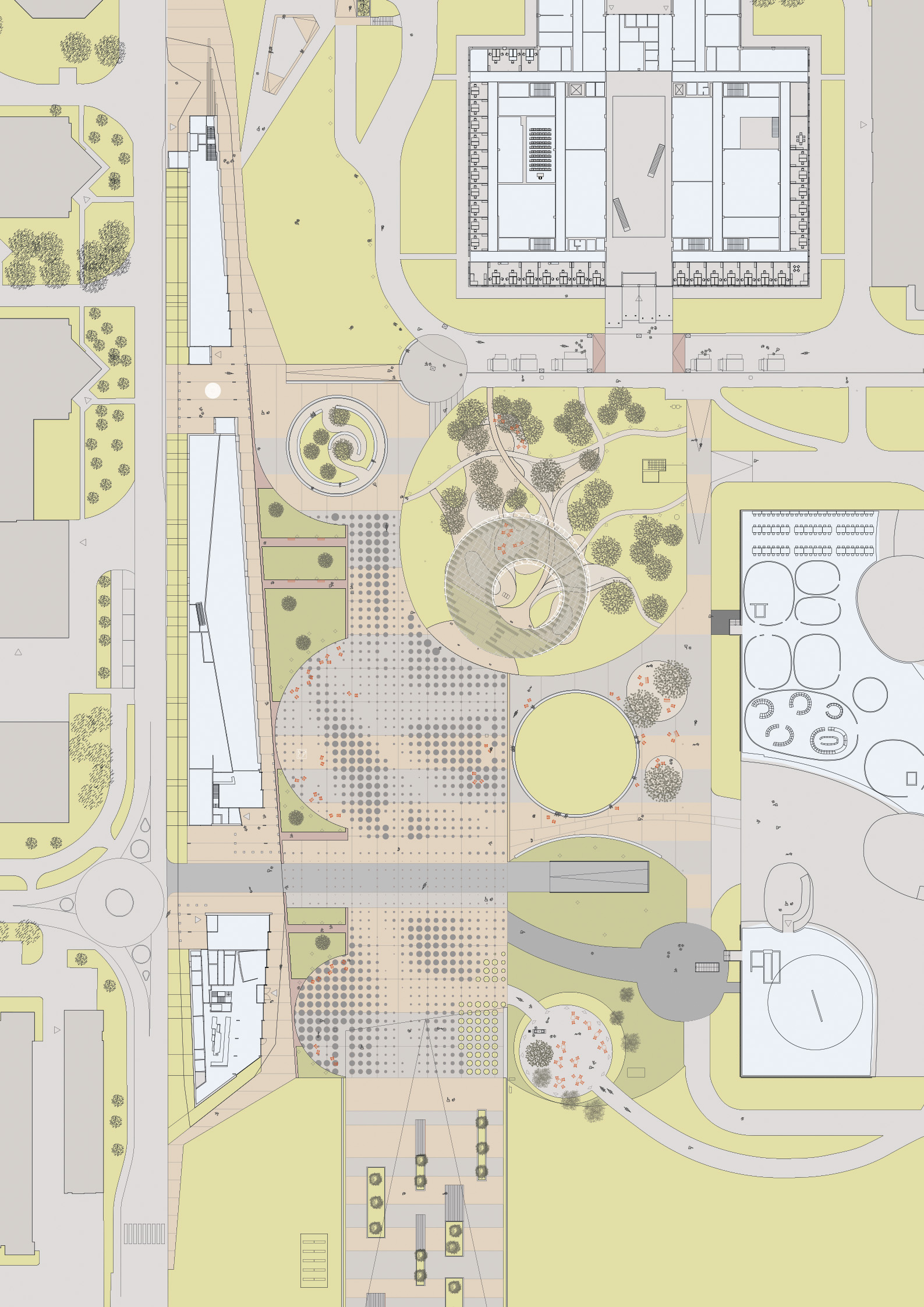 La nouvelle place Cosandey doit mettre en relation les dernières constructions érigées sur le campus, par un vide central, un « lawn », dans la tradition du village académique de Jefferson. (© alice)