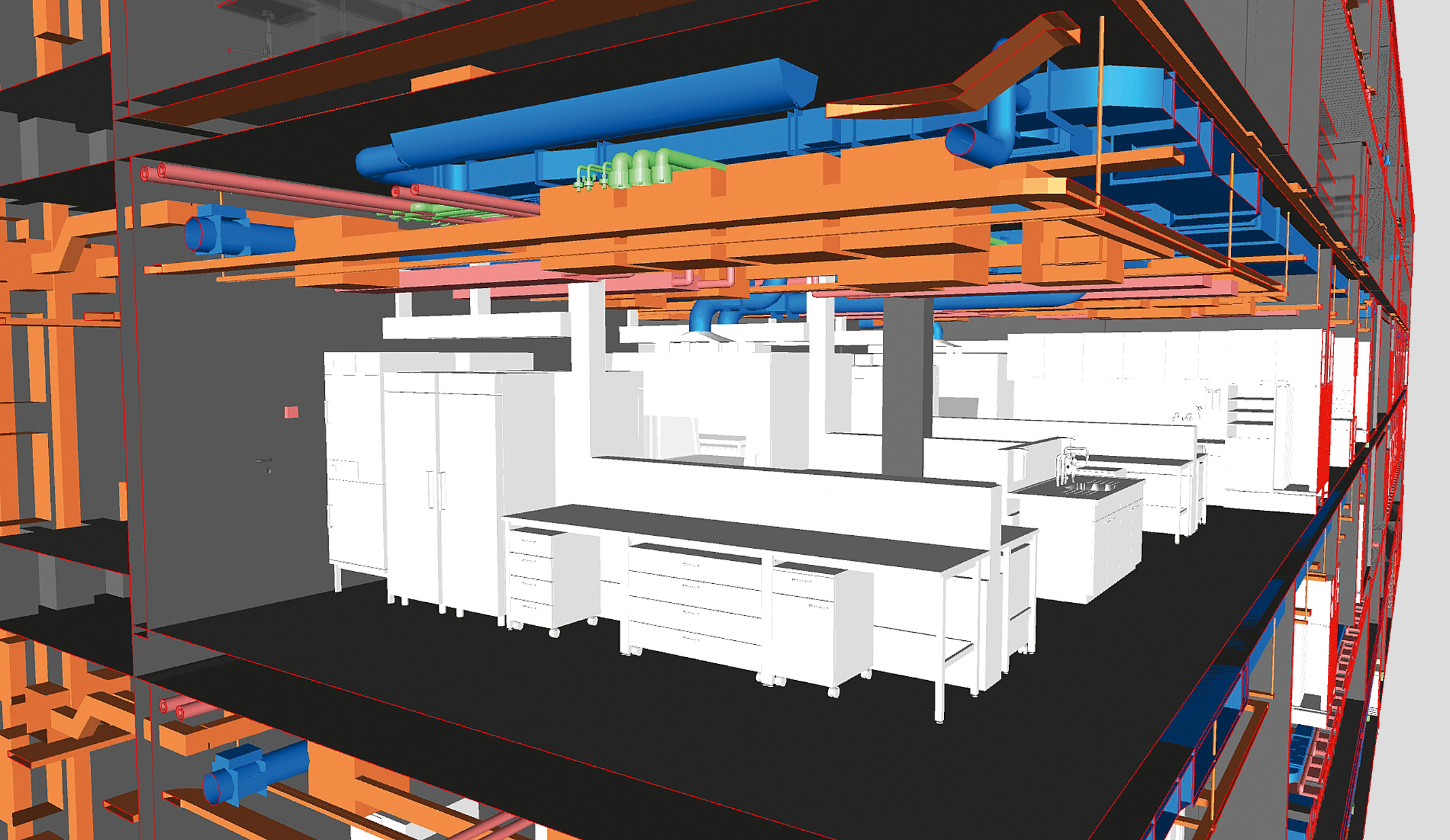 Detailansicht einer Labor­zone mit modellierter Labor­ausstattung und den HLKSE-Deckeninstallationen.