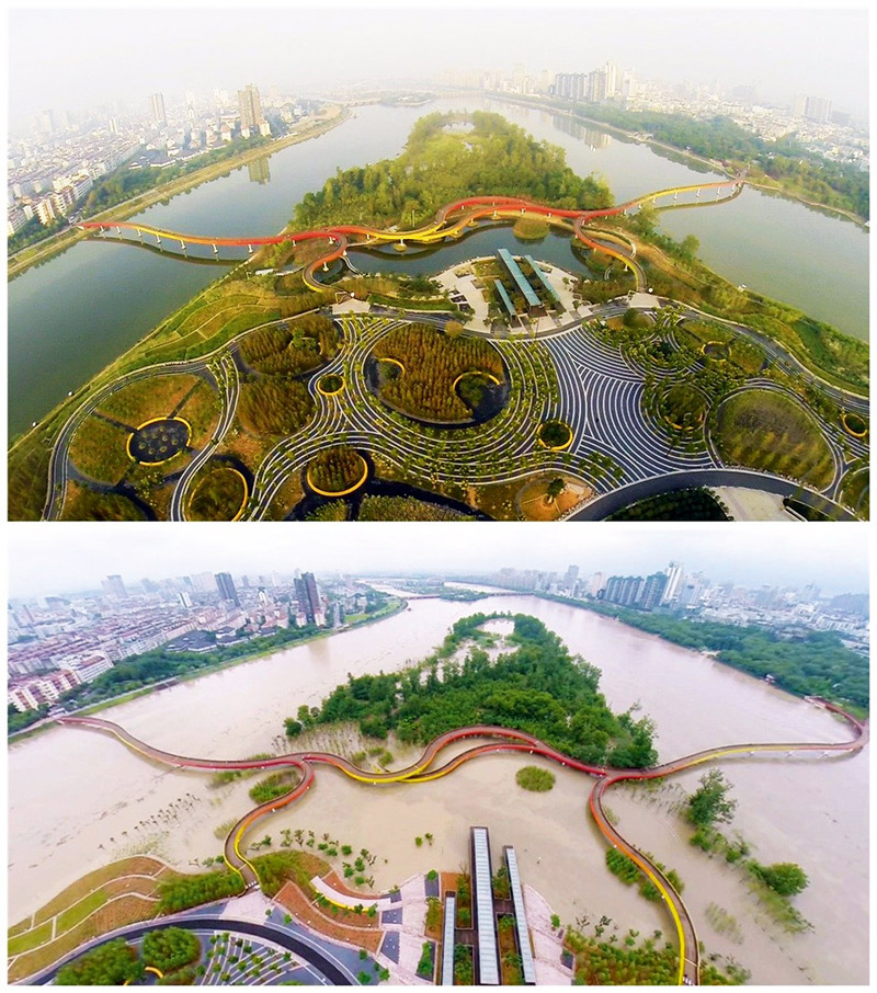 Studio di architettura Turenscape, Yanweizhou Park, Jinhua, Cina orientale, 2014. Il parco nella stagione secca e quando viene inondato per effetto dei monsoni.