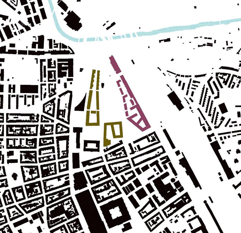 Piano di situazione di Basilea Nord con il quartiere Erlenmatt; in rosa la zona est, in verde la zona ovest.