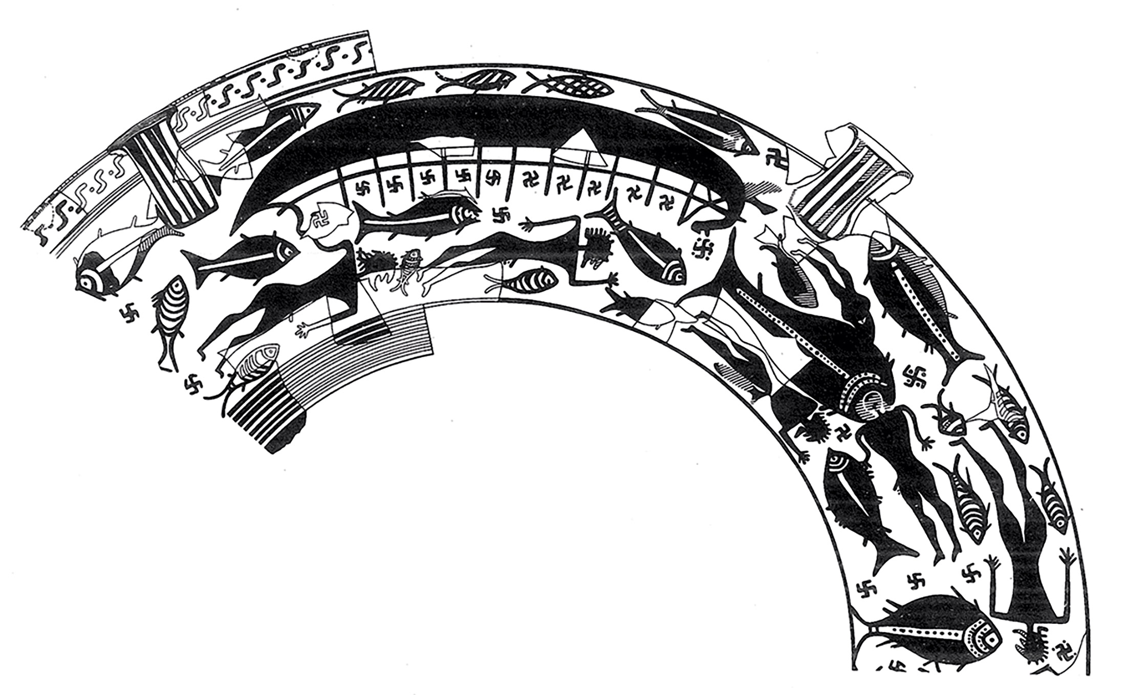 Sviluppo dei disegni sul Cratere del naufragio, Museo archeologico di Pithecusae (Lacco Ameno, Ischia), VIII secolo a.C.