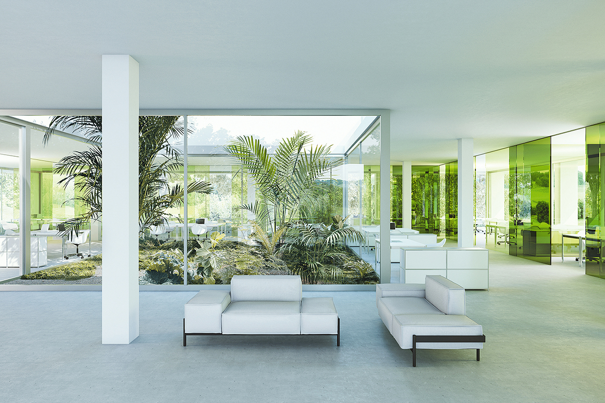 Berrel Berrel Kräutler gestalteten den Innenraum durchweg weiss mit Bezug zum grünen Innenhof.