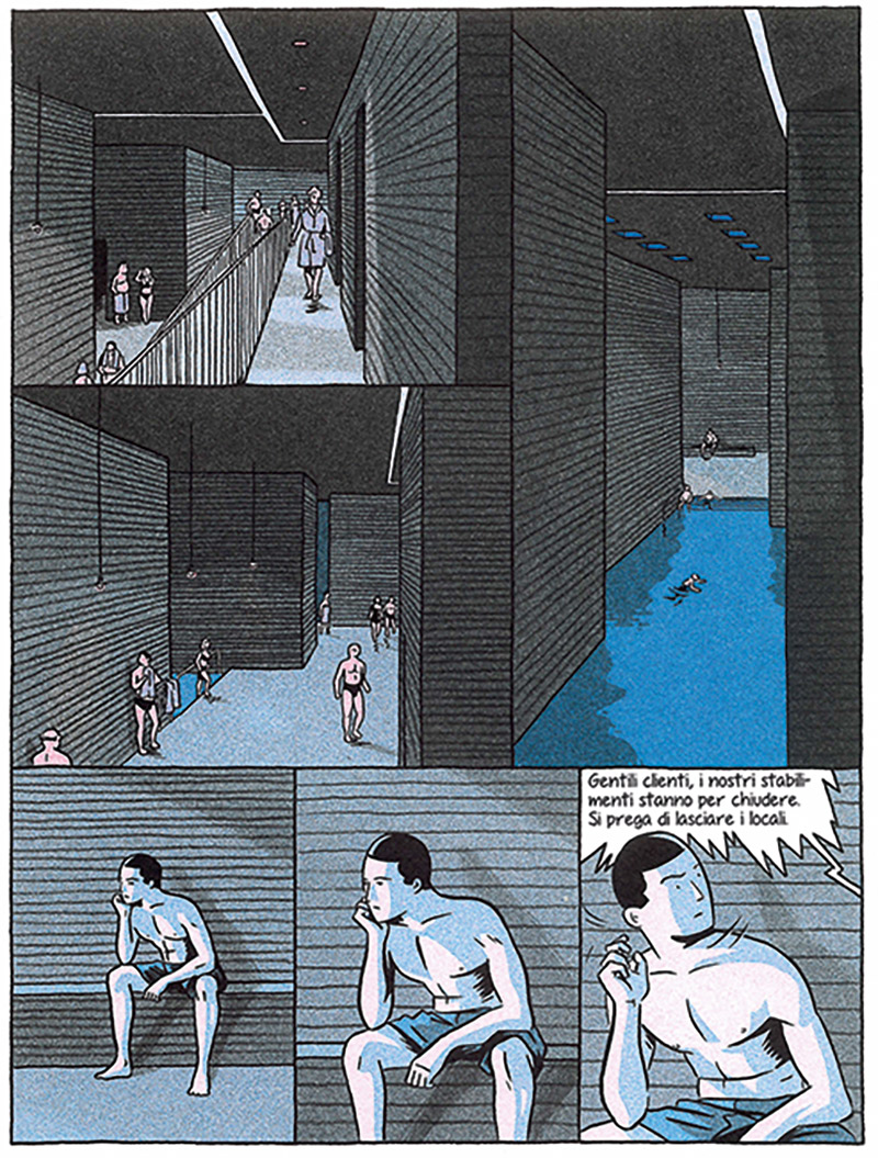 Pagine da «L’attrazione» di Lucas Harari: la narrazione permette di esplorare gli spazi delle Terme da prospettive inedite.