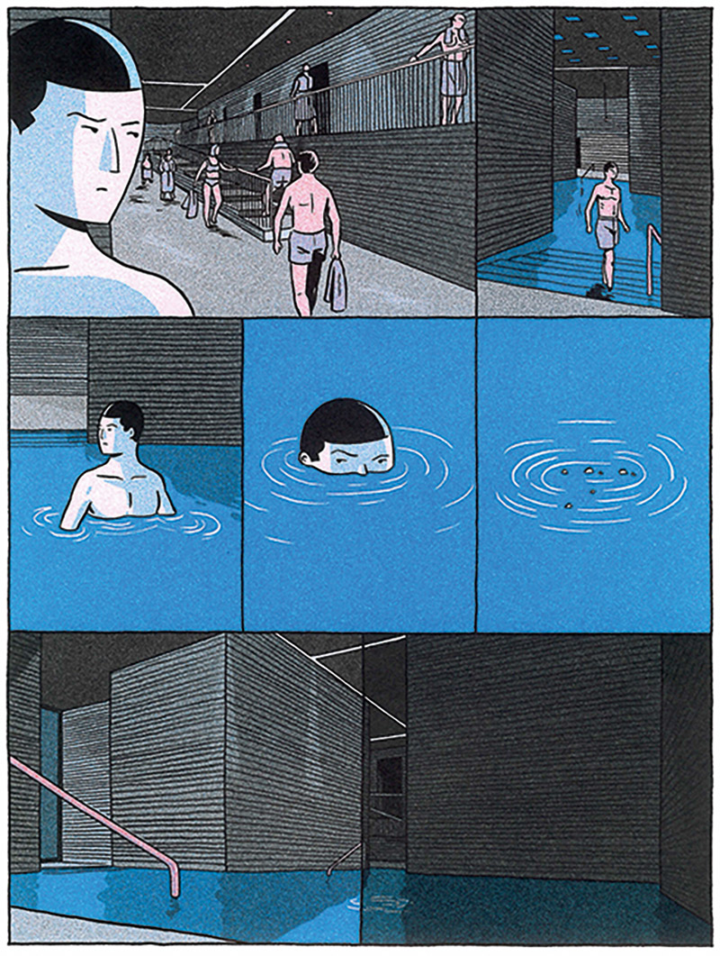 Pagine da «L’attrazione» di Lucas Harari: la narrazione permette di esplorare gli spazi delle Terme da prospettive inedite.