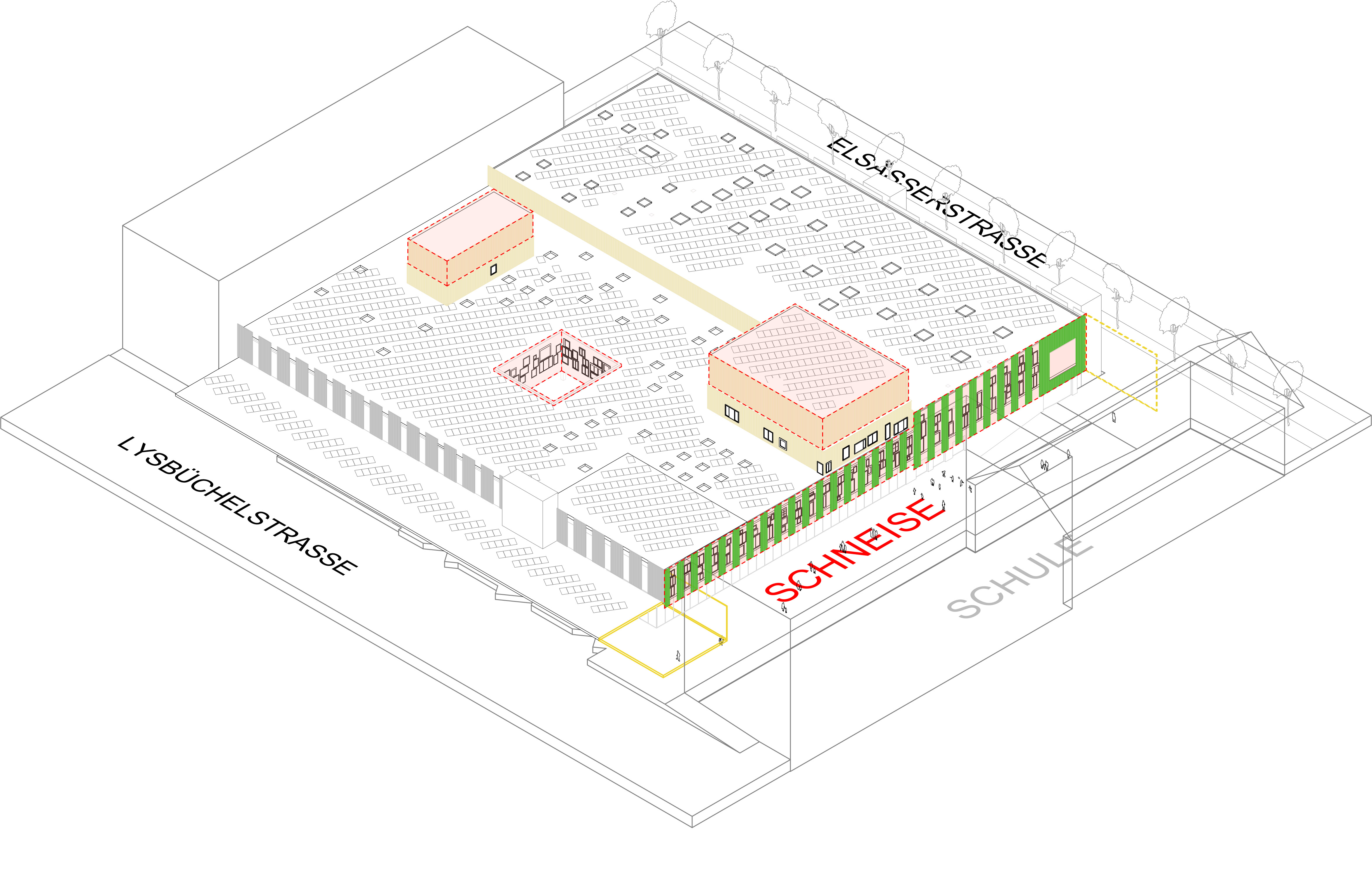 Vue axonométrique du projet de reconversion.