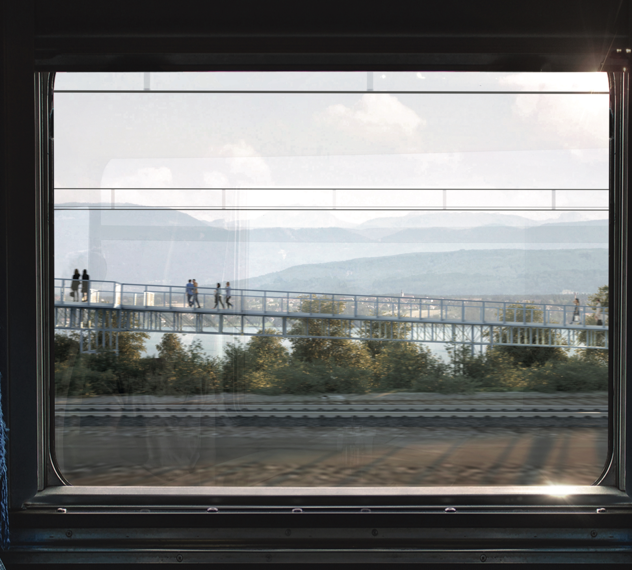 Vue depuis le train de la passerelle "Nyon-Prangins"