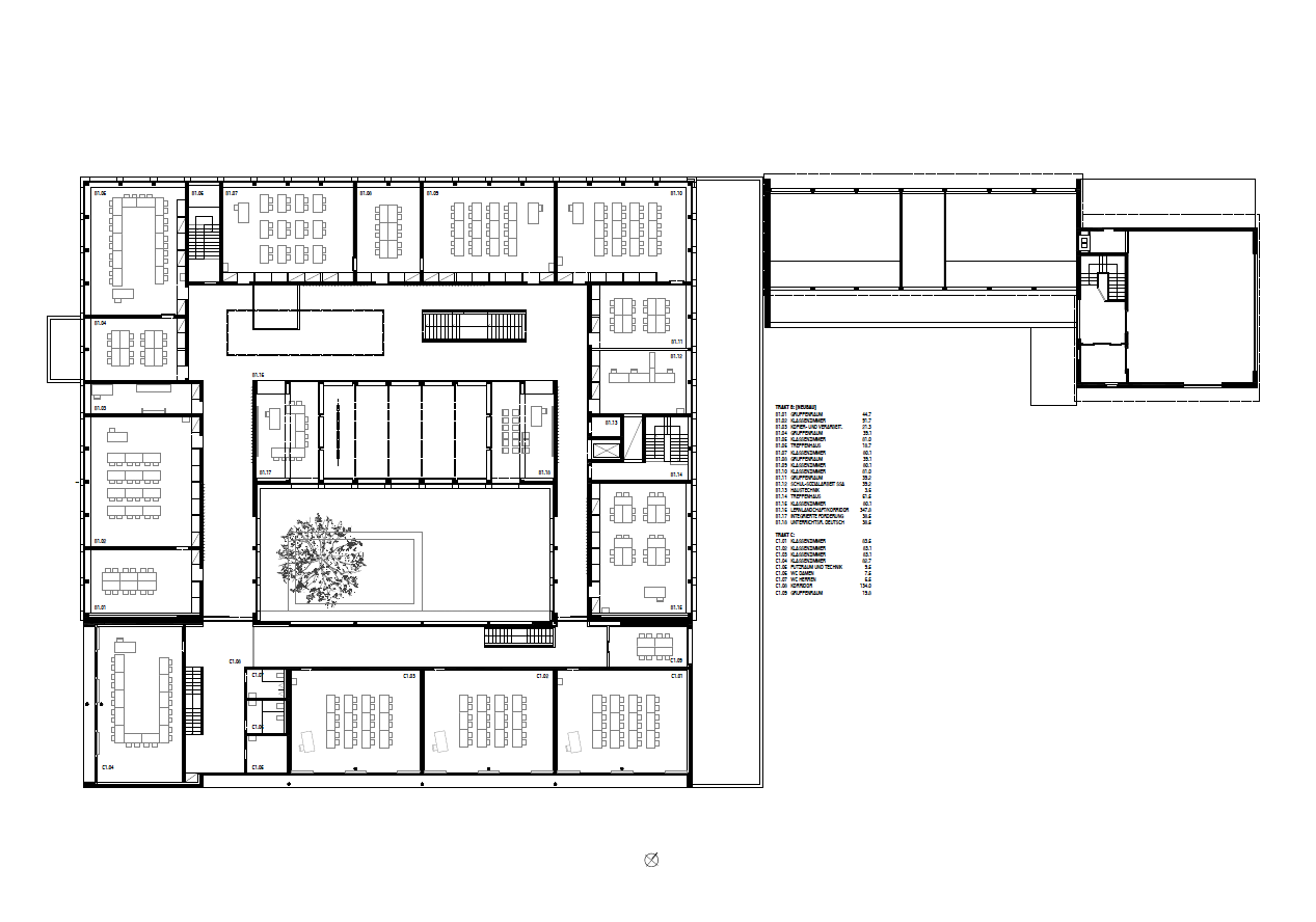 Erstes Obergeschoss: Alle Klassenzimmer liegen an der Aussenfassade.