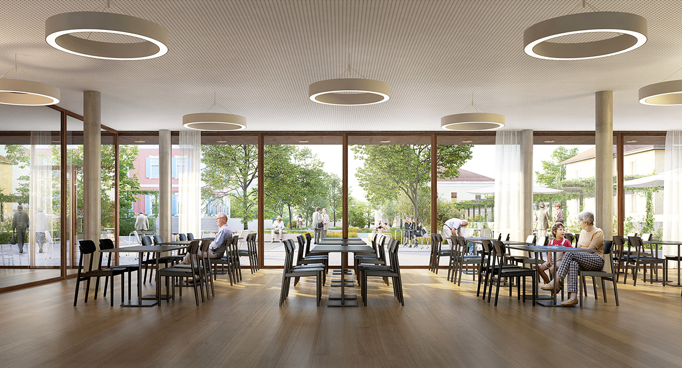 Architetti Tibiletti Associati, Render dello spazio ristoro del Centro Intergenerazionale a Coldrerio