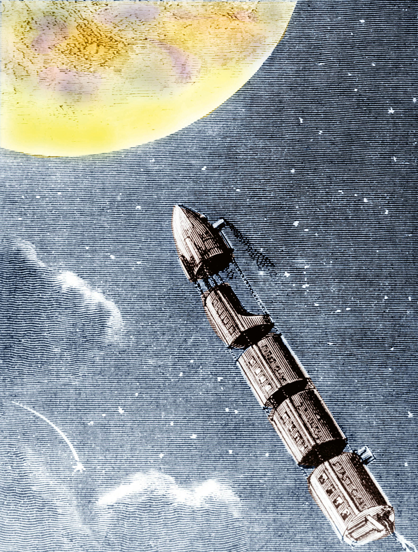 Ihrer Zeit weit voraus, zeichnete die Illustration aus Jules Vernes Buch «De la Terre à la Lune» bereits ein erstaunlich realistisches Bild der Raumfahrttechnik. Hier löst sich das Projektil für die anschliessende «Reise um den Mond». Die praktische Umsetzung dieser Idee erfolgte keine hundert Jahre später auf der Apollo-8-Mission im Jahr 1968 durch die Astronauten Frank Borman, James Lovell und William Anders.