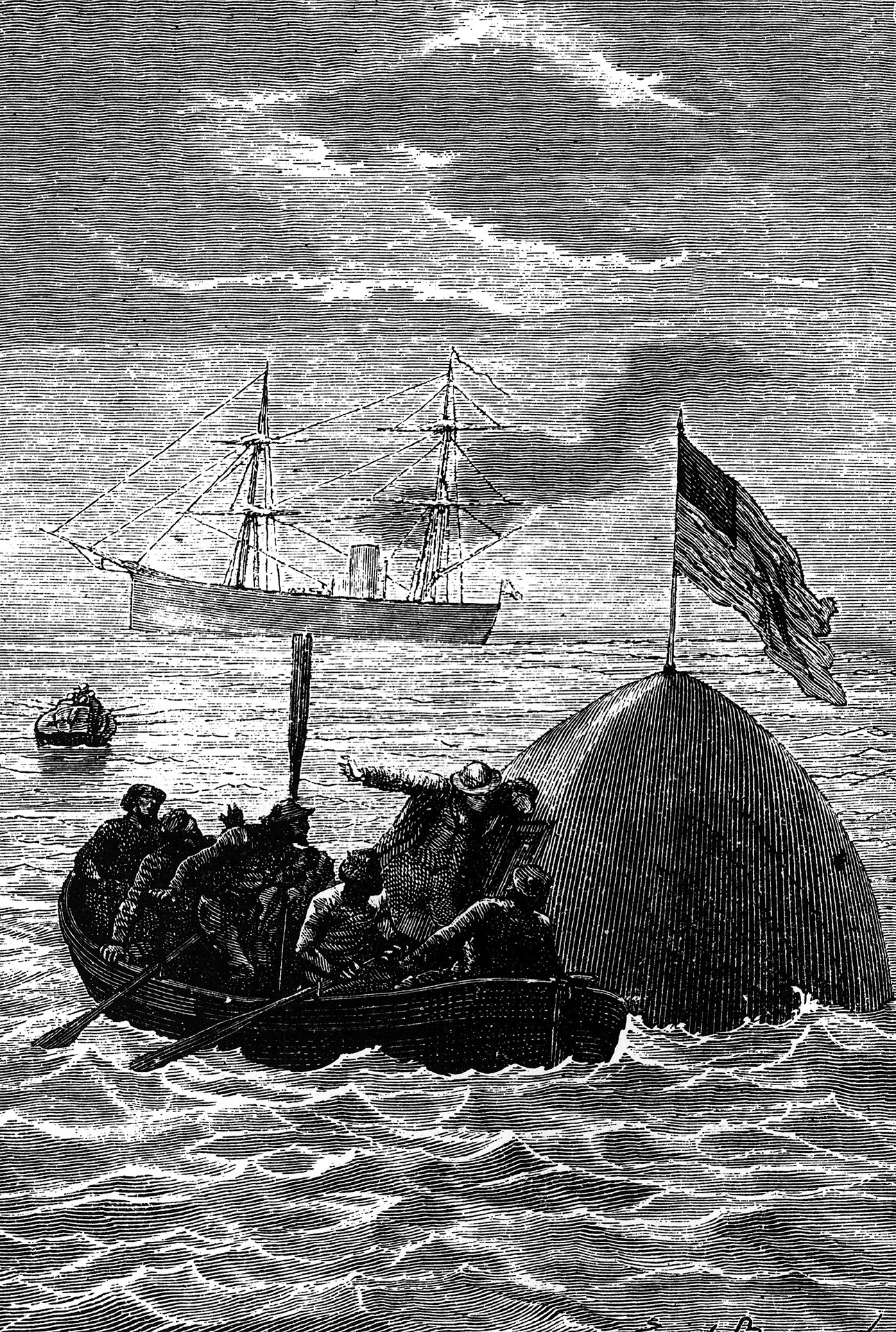 Oben: Die Wasserung nach der Idee von Jules Verne aus dem Buch «Autour de la Lune»: Wie sich später zeigte, konnte auch diese Idee von Verne mit entsprechenden Praxistests umgesetzt werden.