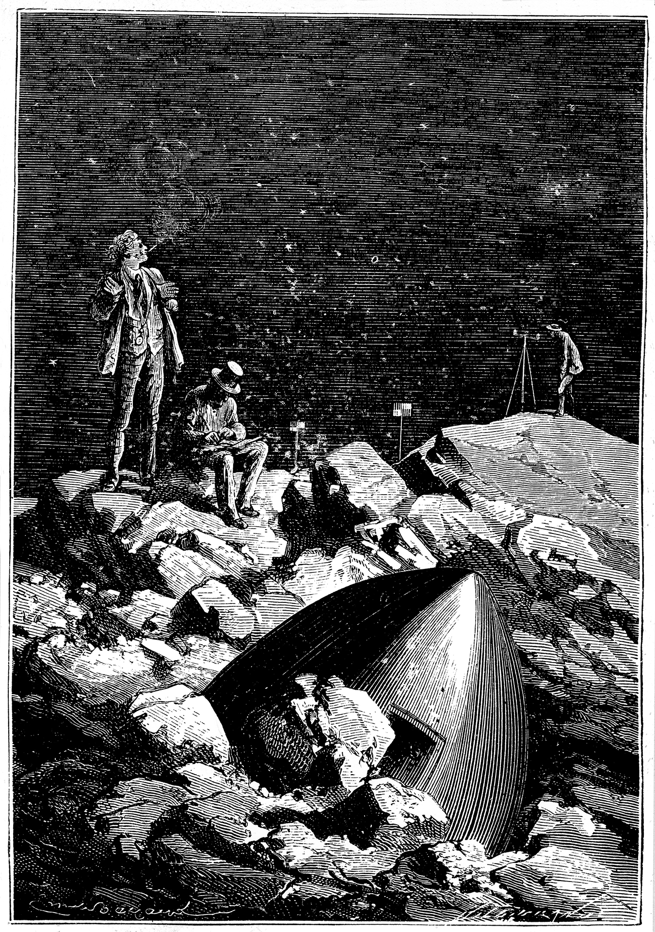Illustration aus einer Ausgabe des Buchs «De la Terre à la Lune» von Jules Verne, 1865. Es zeigt die Astronauten, wie sie nach der Mondlandung die Arbeiten zur Erkundung des Monds aufnehmen werden. Vernes Fiktion wurde gut 100 Jahre später zur Realität.