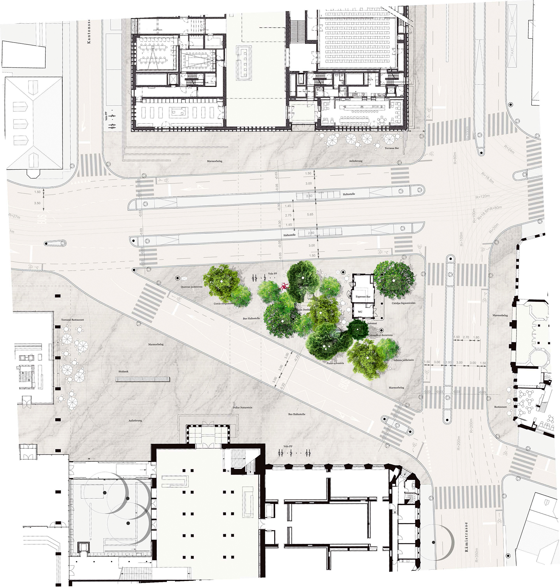 Siegerstudie von oben: Der aufgewertete Stadtgarten fügt sich in das bestehende Verkehrsregime ein.