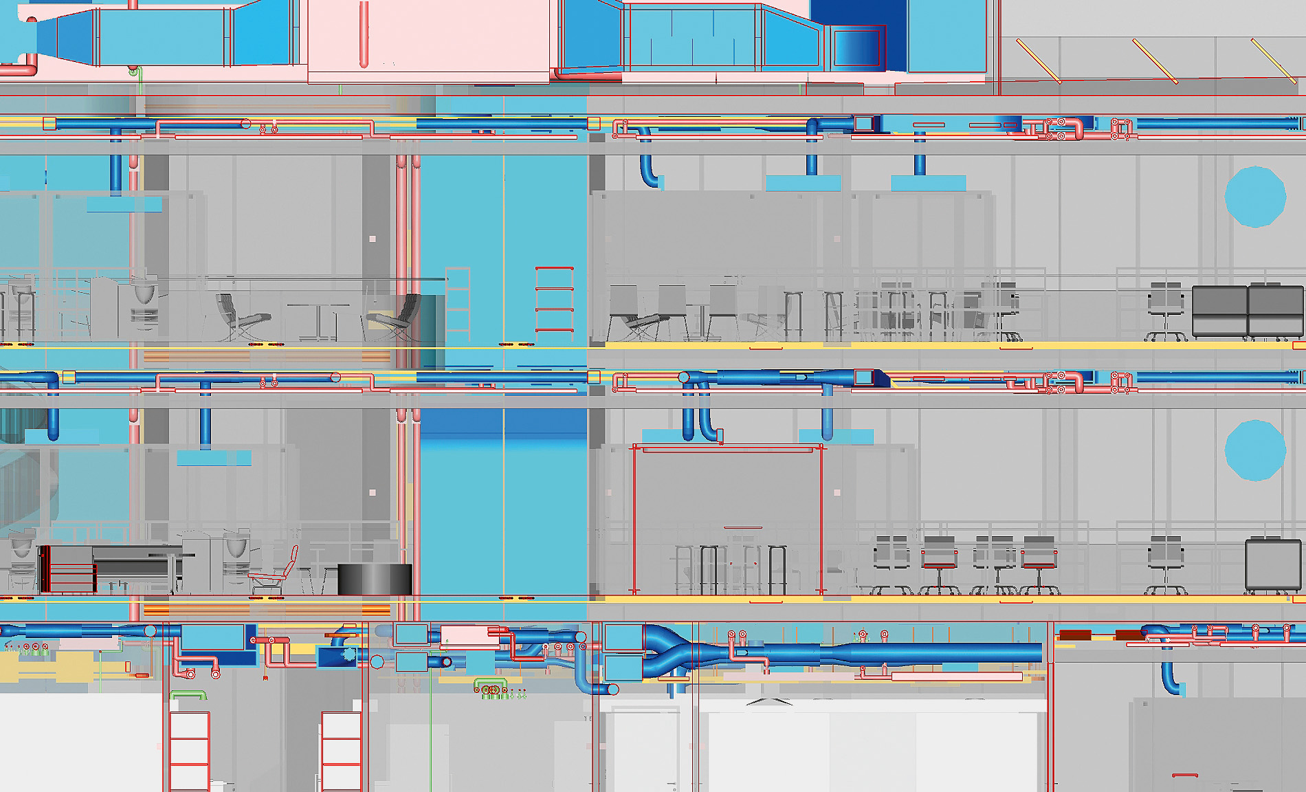 Vue détaillée d’une zone de labo­ratoire avec maquette des ­équipements et, au plafond,  les installations de chauffage, ­ventilation, climatisation,  sanitaires et électricité.