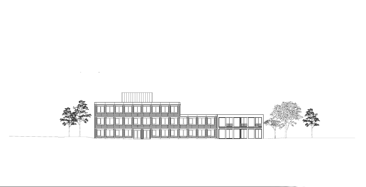 Süd-West-Fassade: Der Neubau entwickelt sich aus den Höhen des Klassentrakt C.