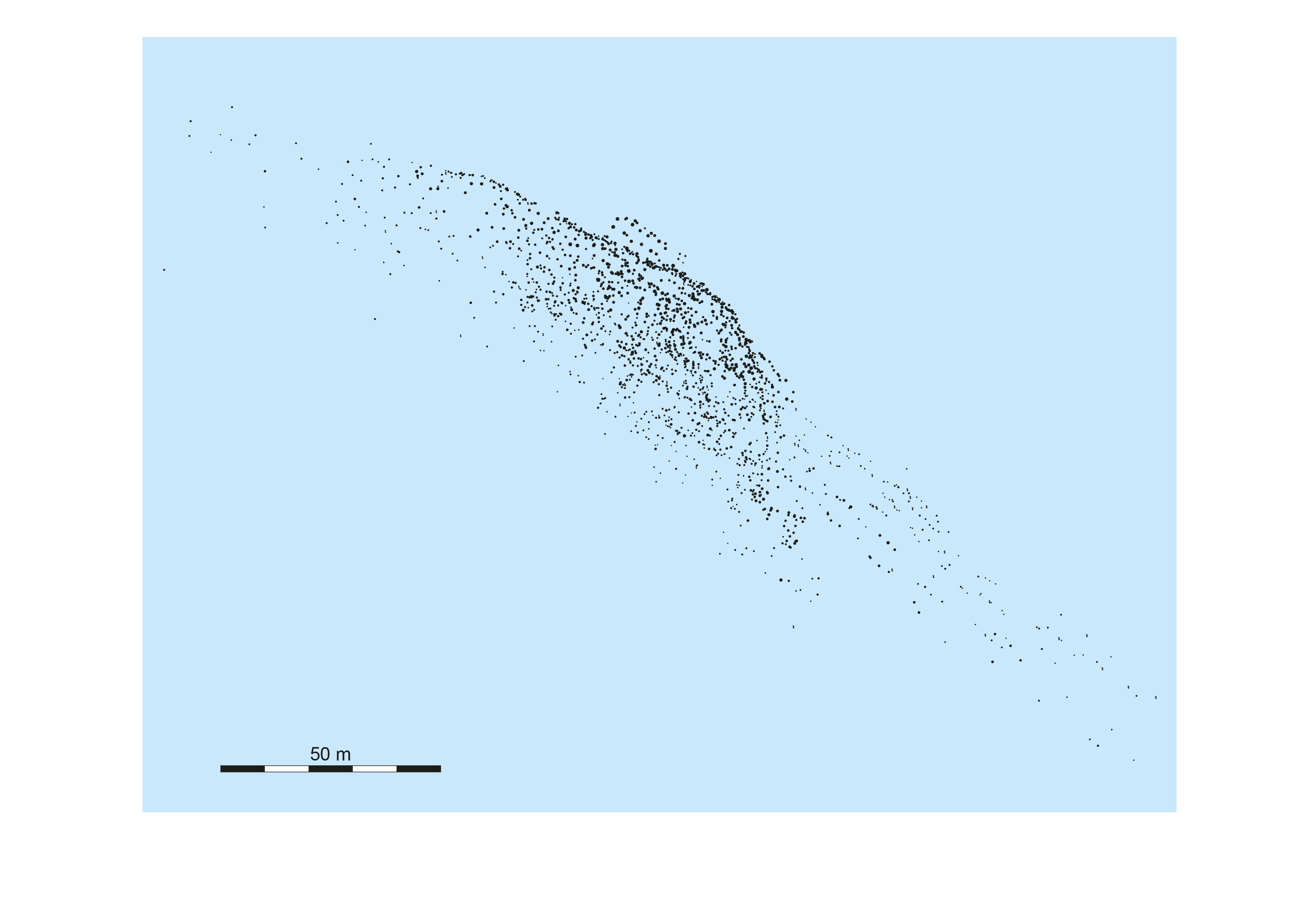 Fig.3 : plan général des pilotis du site du Plonjon, 2240 pieux mesurés et prélevés