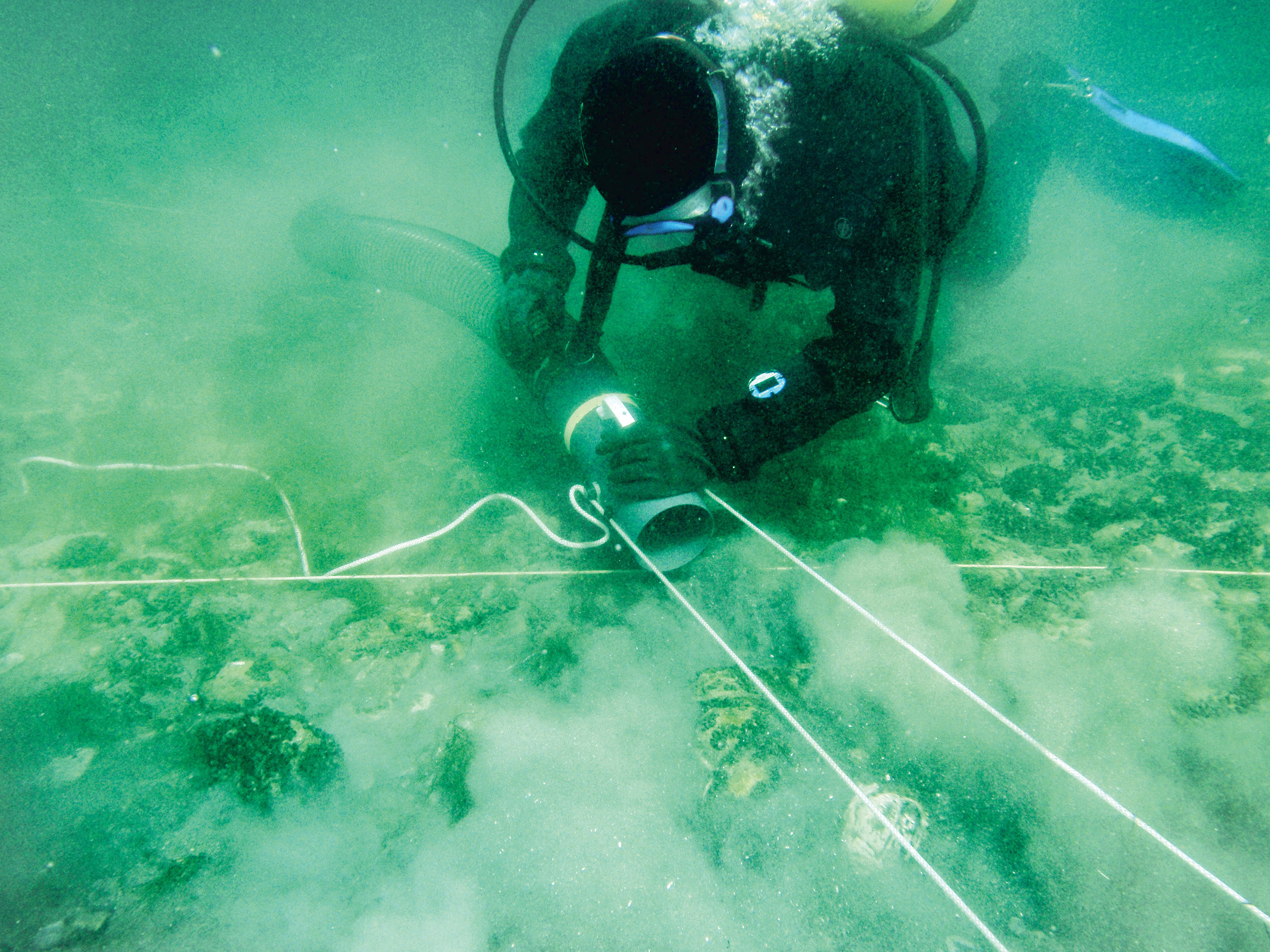 Dégagement en plongée du sol d’argile sur la station du Plonjon, à l’aide d’une tuyère alimentée en eau sous pression