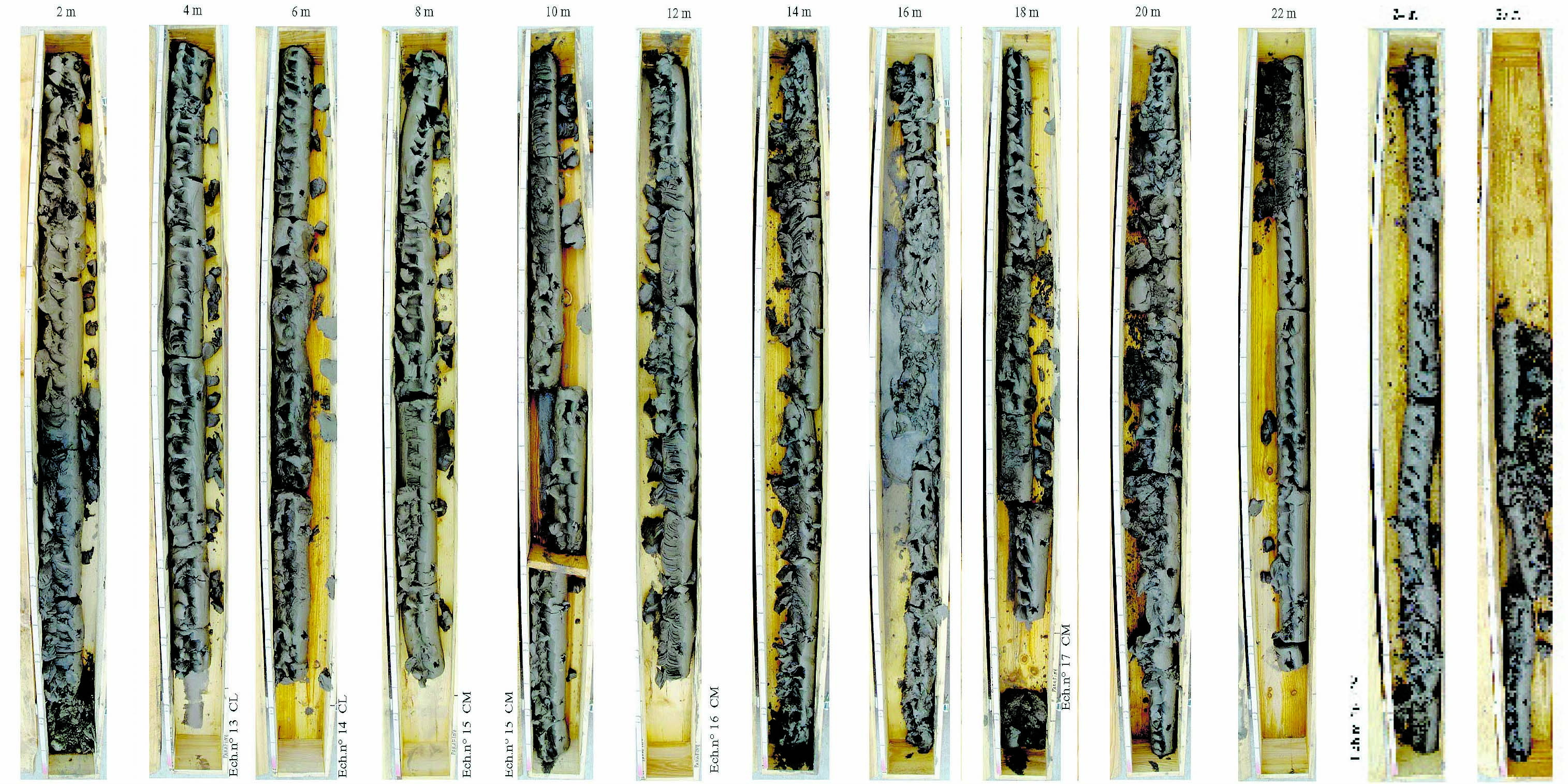 Fig. 3: Carottes du sondage 3 du fond du lac de 0 à -26m