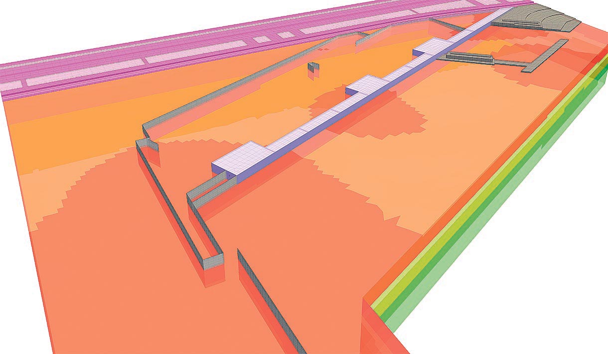 Fig. 9 :  130 jours, rideaux de palplanches, remblayage piste d'accès et premiers épis de la Plage