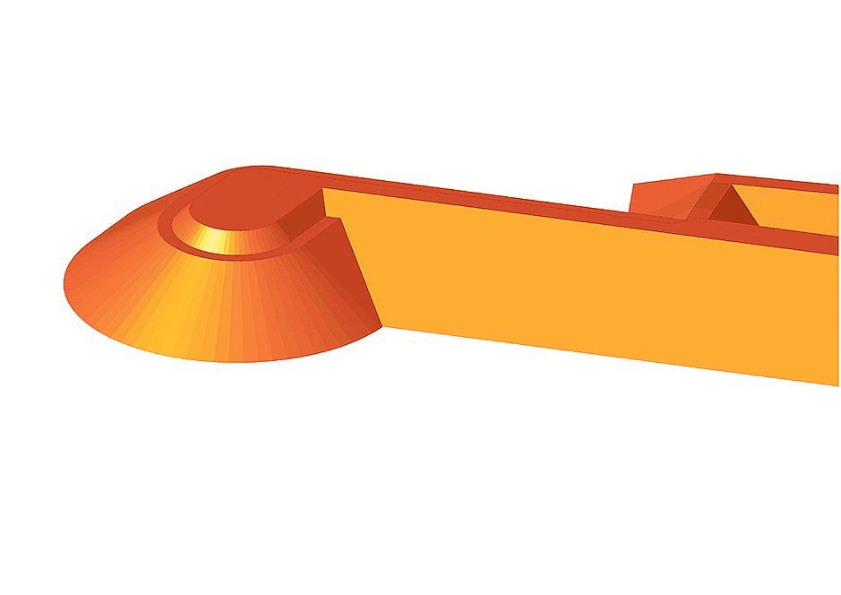 Fig. 16: 1ère étape, mise en place de la chaille du corps de la digue (orange)