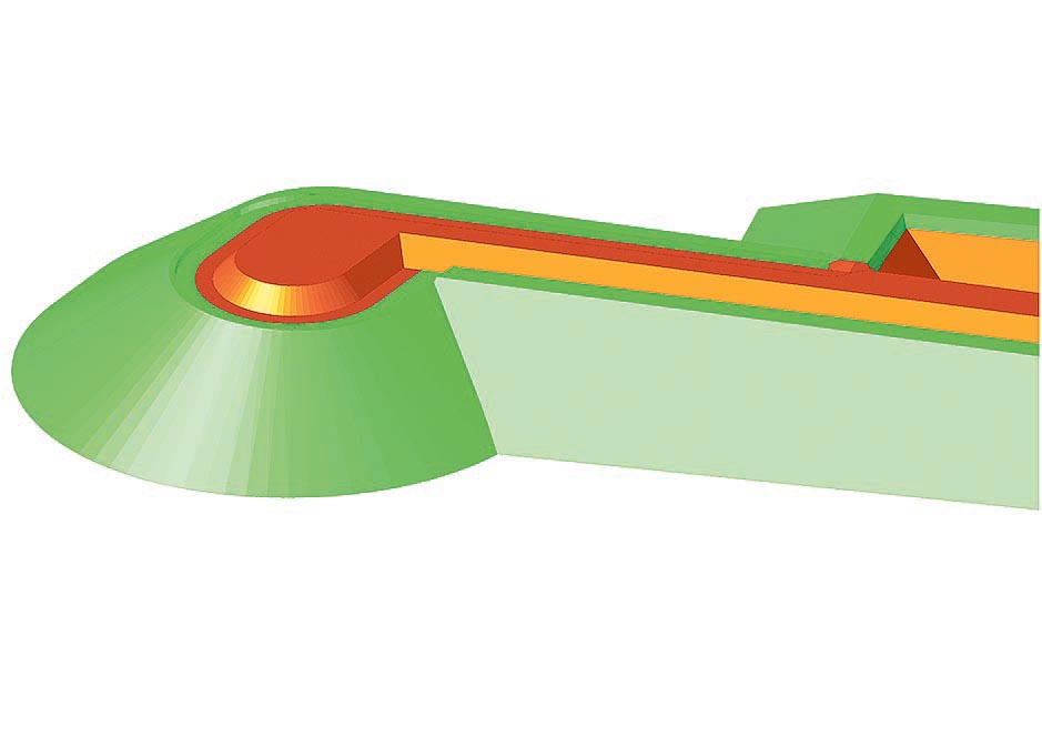 Fig. 17: 2ème étape, mise en place des enrochements placés de la carapace de la digue (vert)