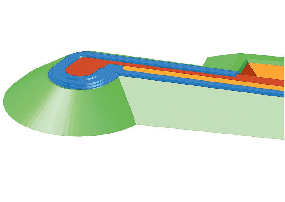 Fig. 18: 3ème étape, mise en place des enrochements appareillés du sommet de la digue (bleu)
