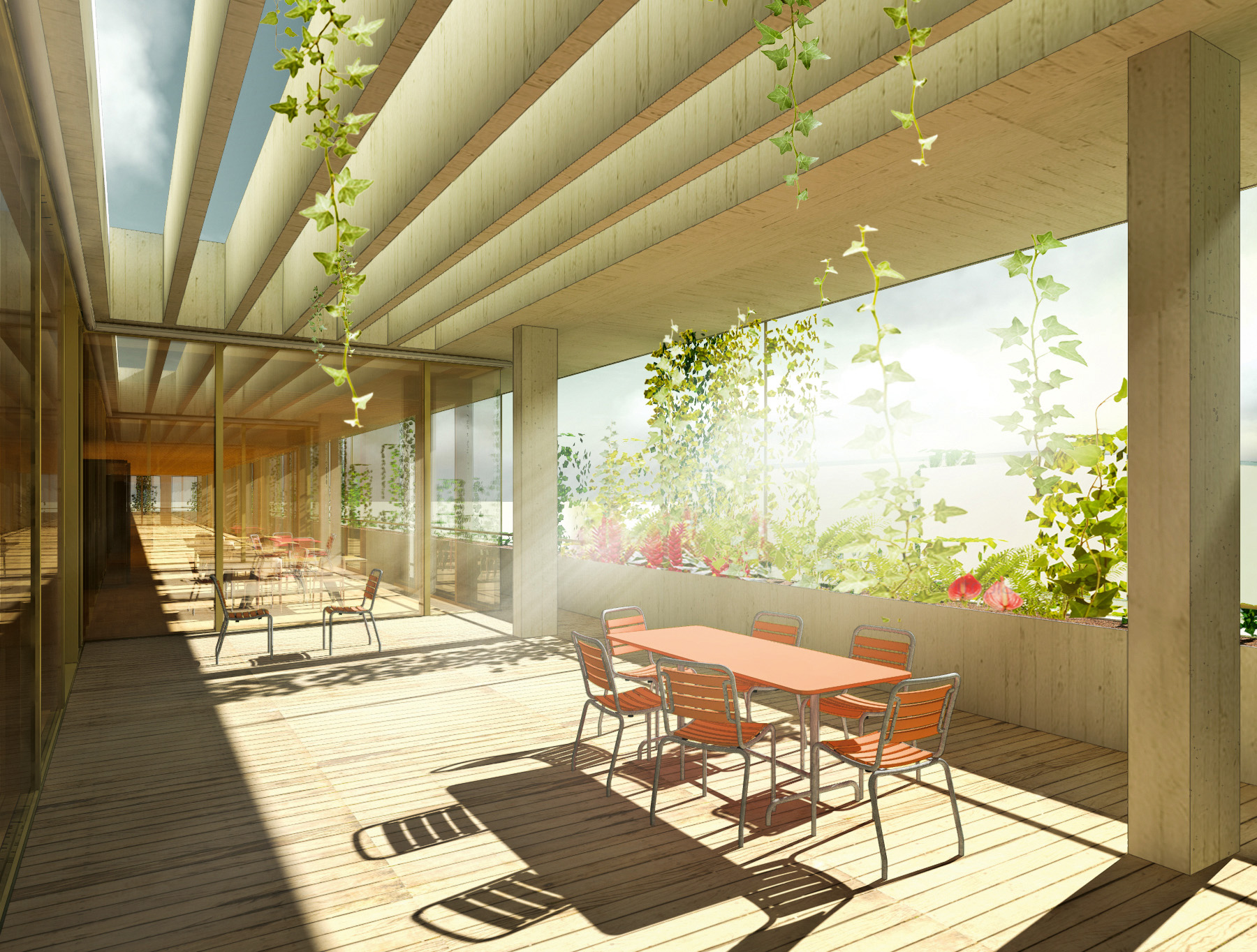 Aux étages supérieurs, des loggias se trouvent à l’avant des laboratoires.