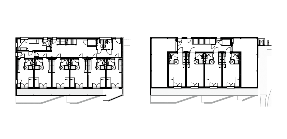 Grundriss 1. Obergeschoss (links) und Grundriss Attikageschoss (rechts).