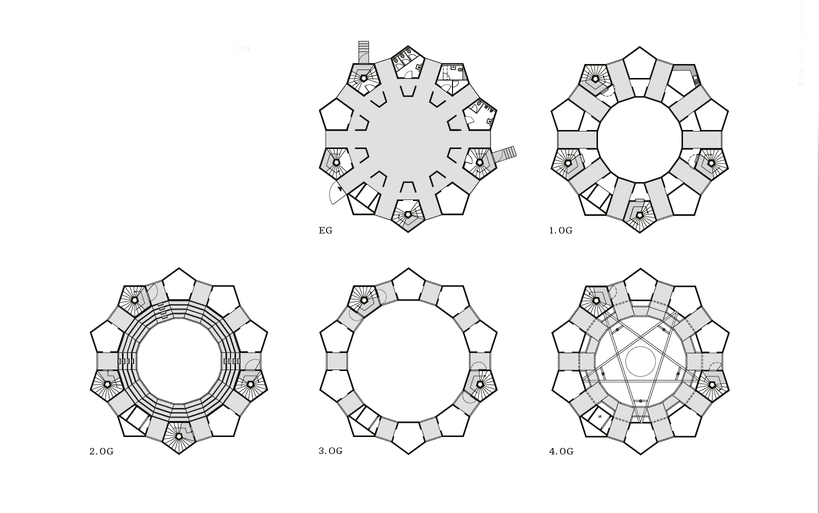 Zehn fünfeckige Türme verbinden sich mit den dazwischen  liegenden Logen zum Ganzen. Grau: Nutzfläche Besucher.