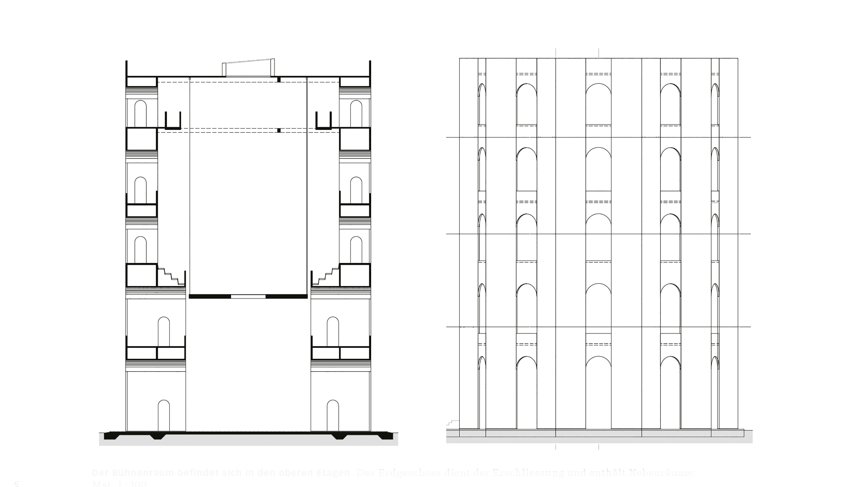 Der Bühnenraum befindet sich in den oberen Etagen. Das Erdgeschoss dient der Erschliessung und enthält Nebenräume.