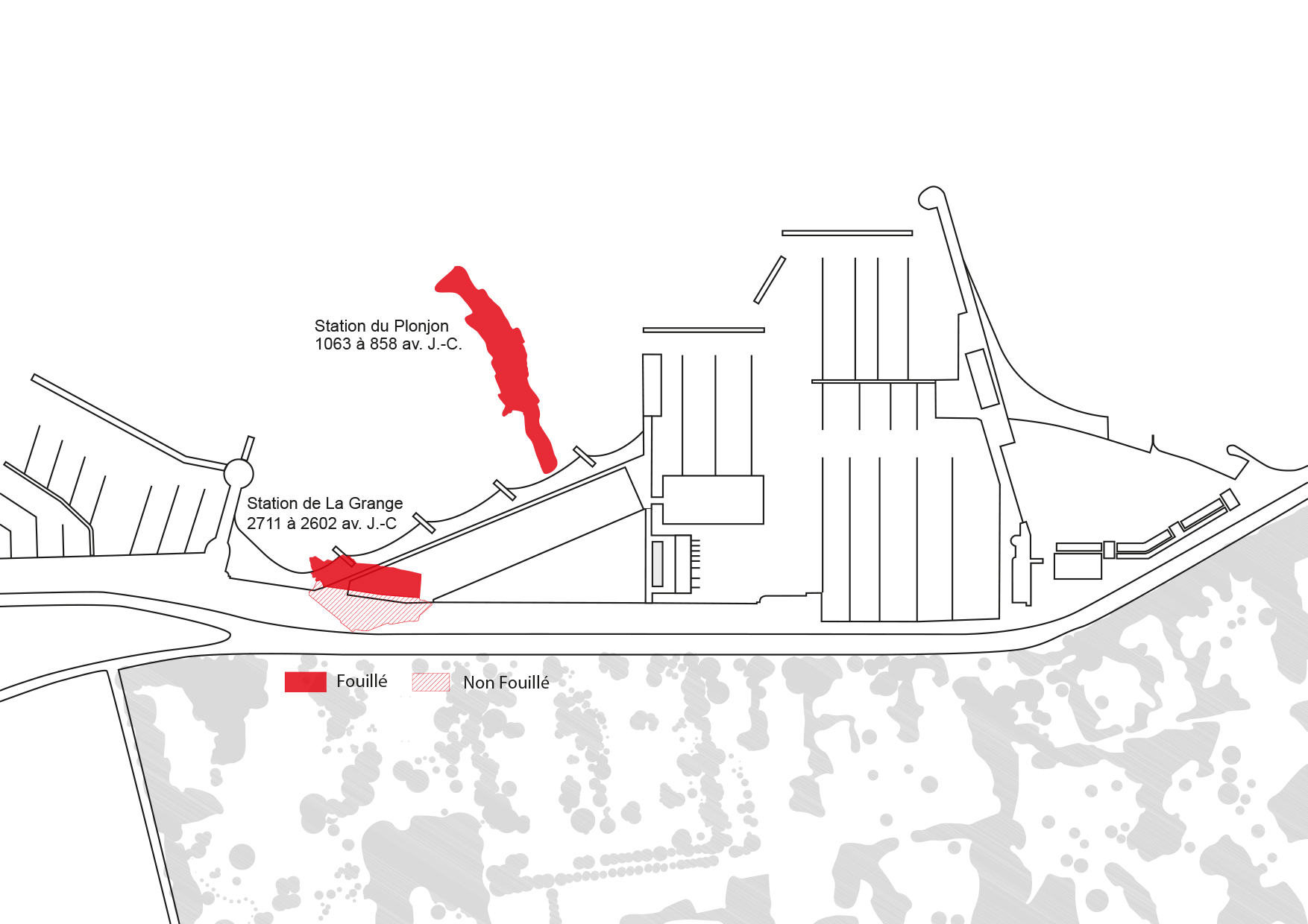 Fig. 2 : Position des villages préhistoriques du Plonjon (Bronze final), et de La Grange (Néolithique final)
