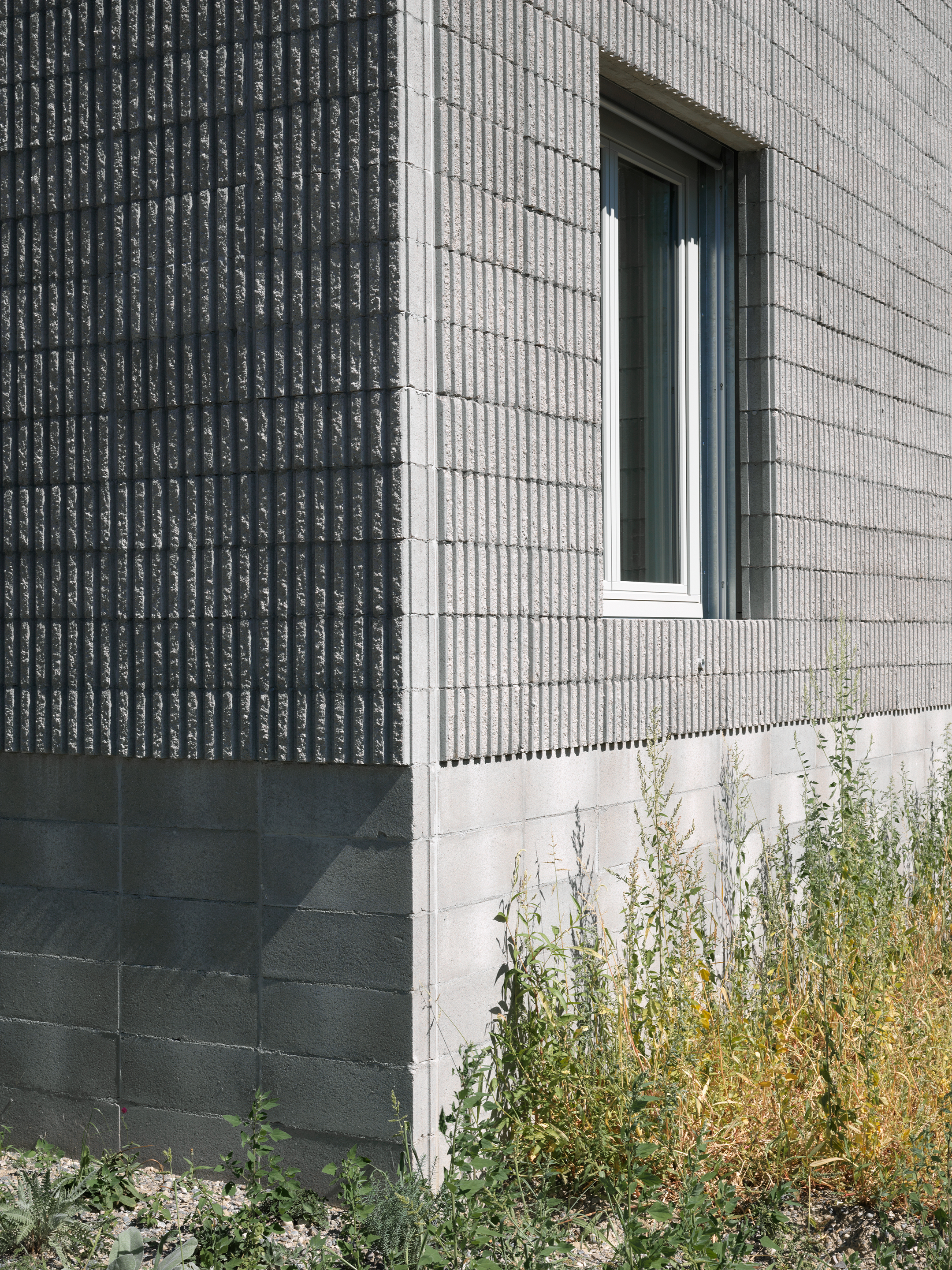 Die Bruchkanten der als Doppelsteine produzierten Zementsteine beleben die Fassade.