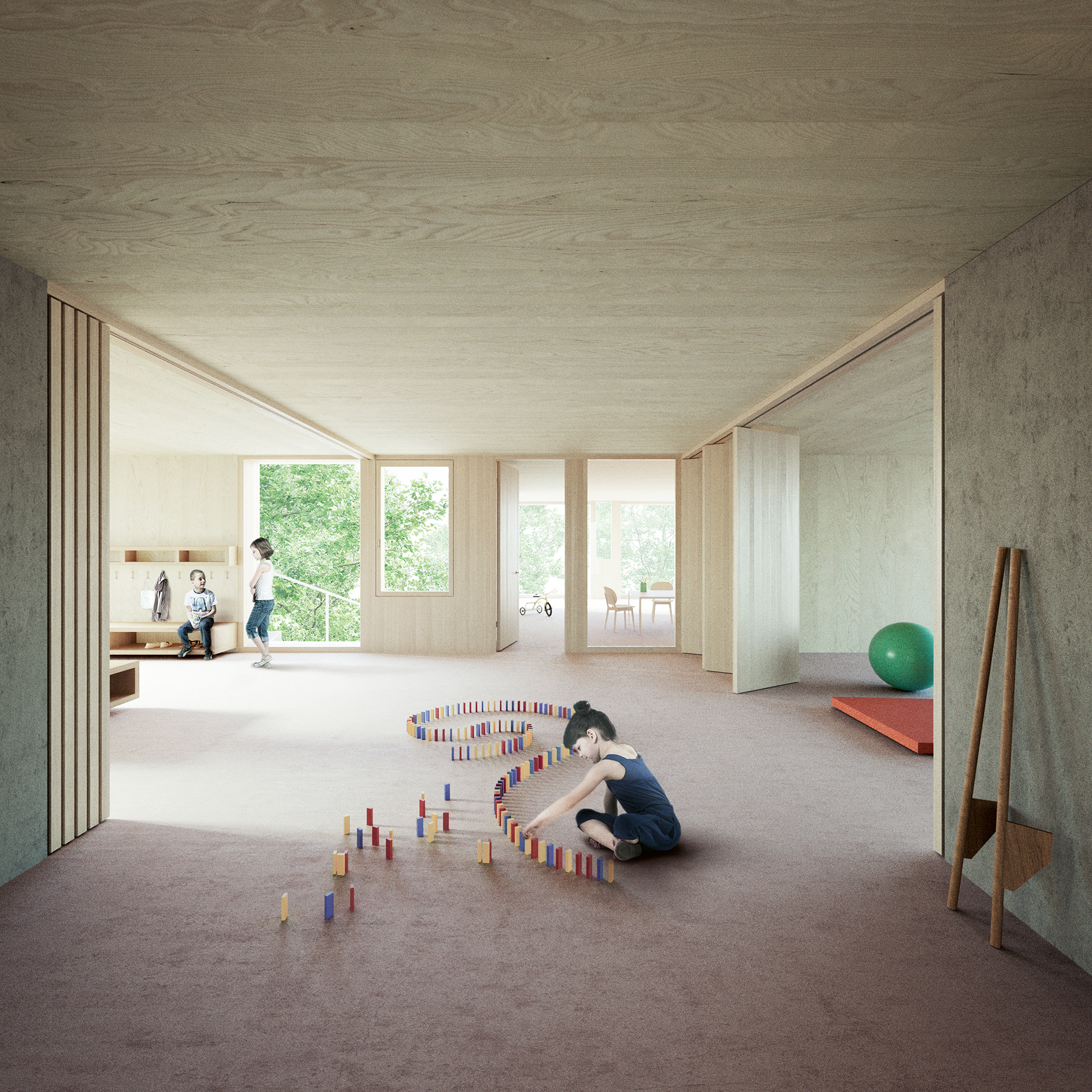 Schaub Zwicky Architekten schaffen übersichtliche Innenräume mit Holz­elementen und Hartbetonbodenbelag.