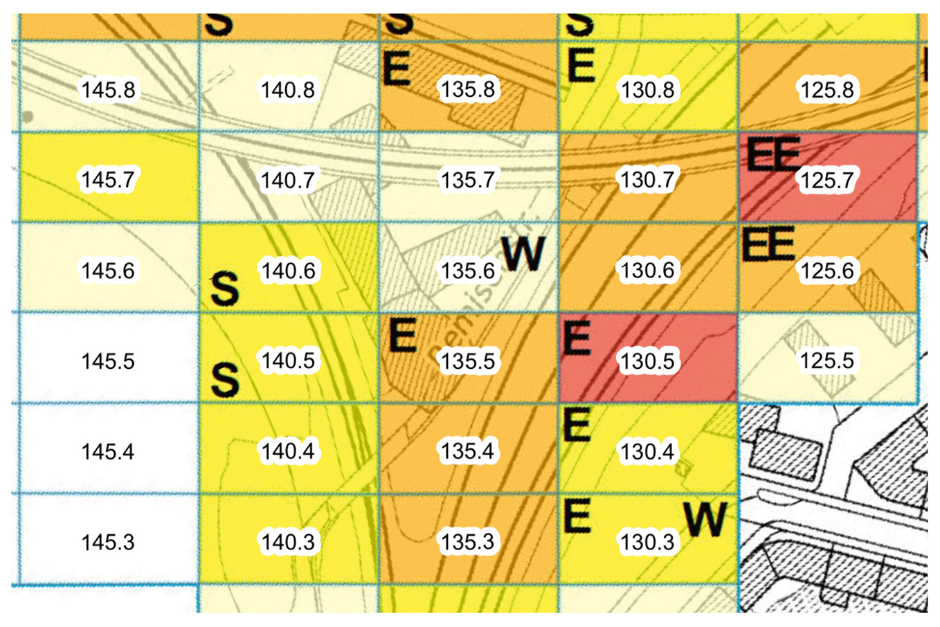 Ausschnitt aus dem Bewertungsraster für das Gleisfeld;  Rot und Orange bedeuten einen hohen Ökowert; S: Vorkommen der Sandschrecke; E: Mauereidechse; W: Wildbienen.