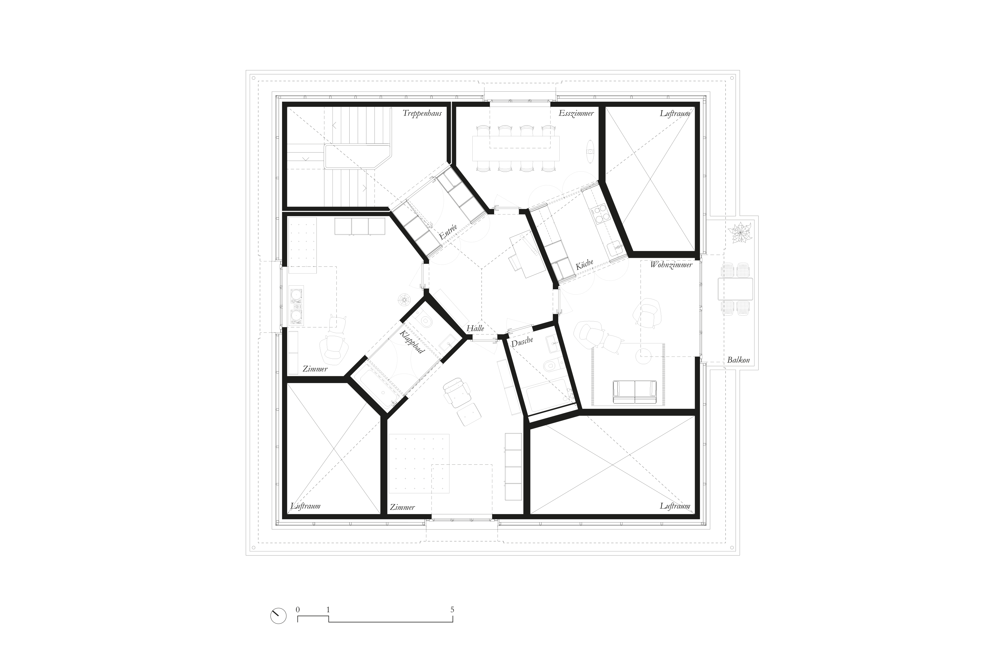 Grundriss DG: Die vier Eckräume sind nicht Teil der Dachwohnung, sondern gehören als Luftraum zu den unteren Geschossen.