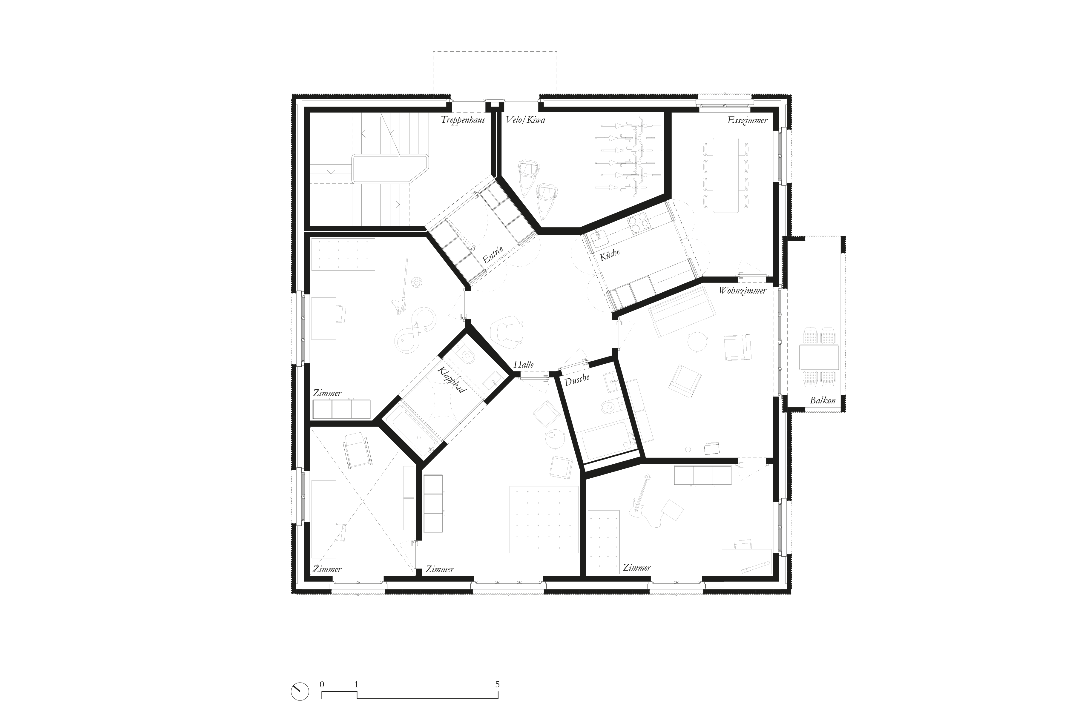 Grundriss EG: das Treppenhaus ist in die Geometrie integriert.